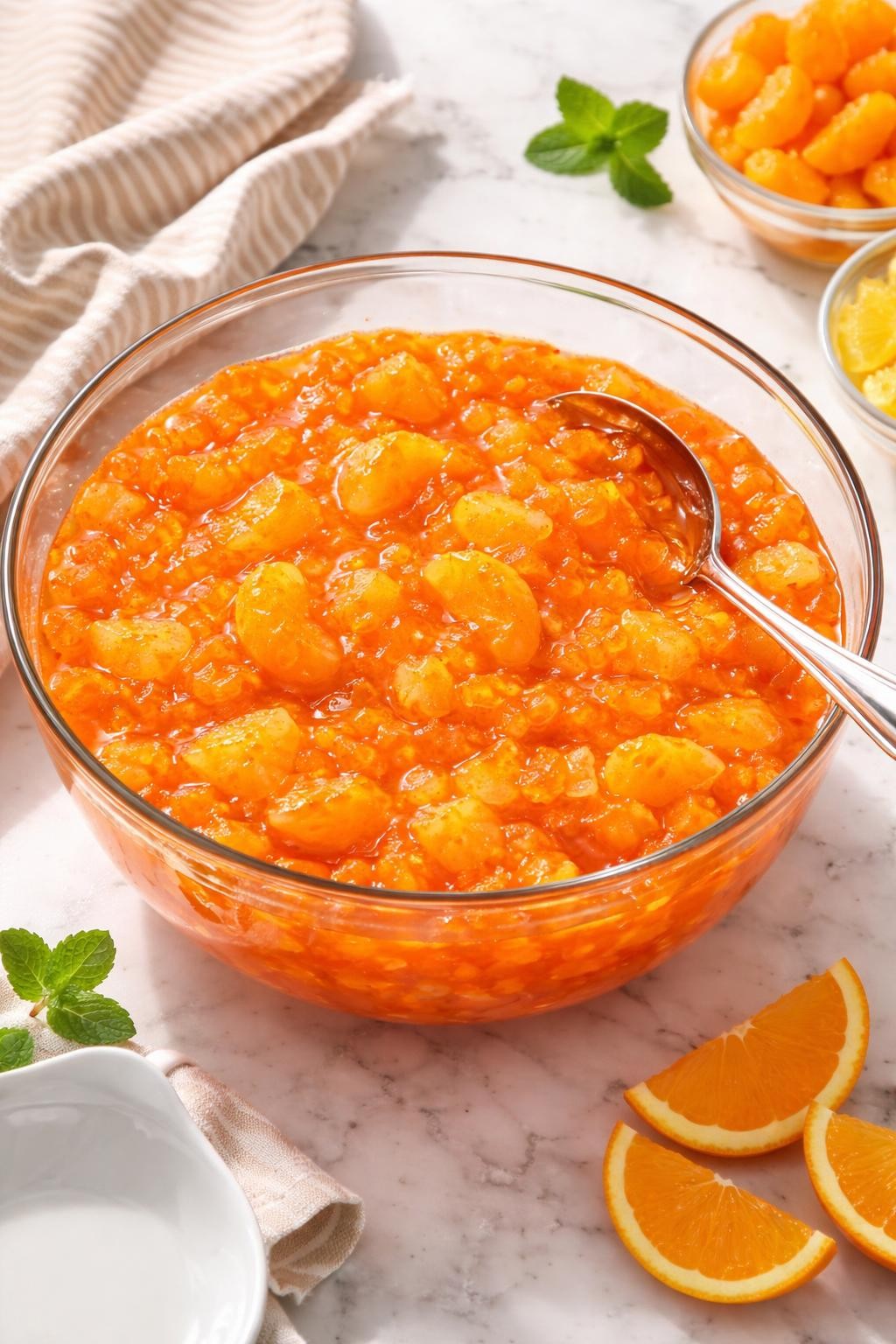 Image Prompt: Realistic top-down editorial food photography of orange pineapple Jello salad in a glass serving bowl on a light marble countertop, bright orange gelatin salad with crushed pineapple and mandarin oranges throughout, glossy chilled finish, retro family gathering styling, bright natural daylight, soft shadows, realistic food textures, high detail, no people, no hands, no text, no watermarks, no props with writing.