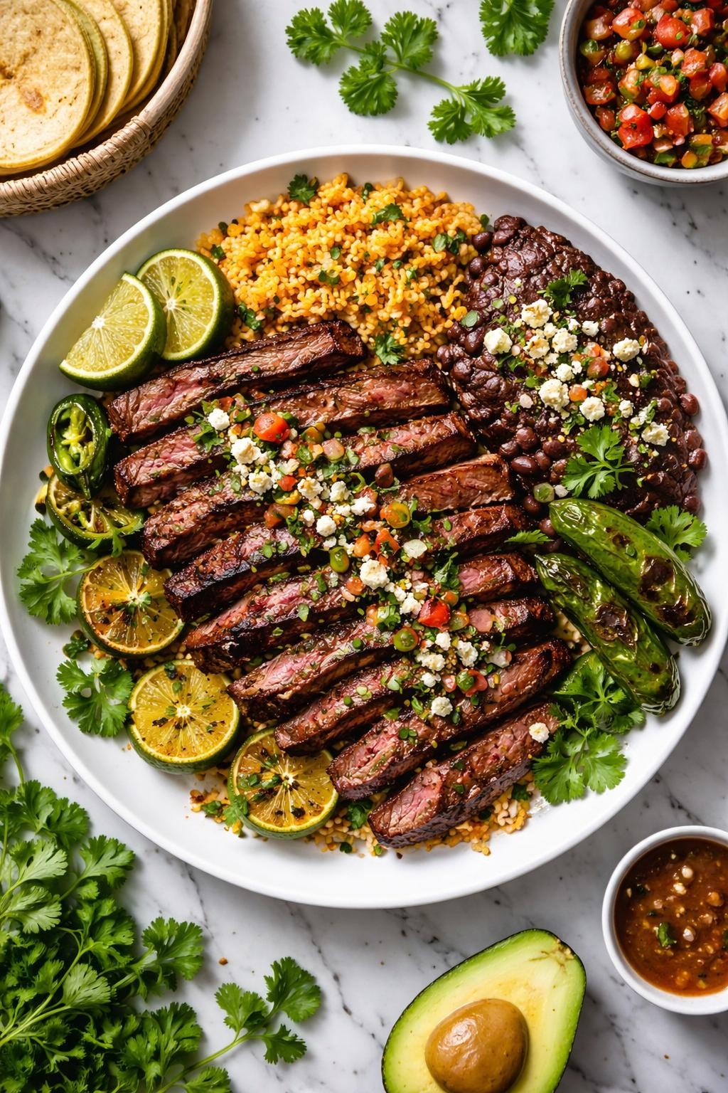 An overheard picture view of a plate of   Carne Asada sitting on a marble countertop table in the kitchen, professional food photography style.
