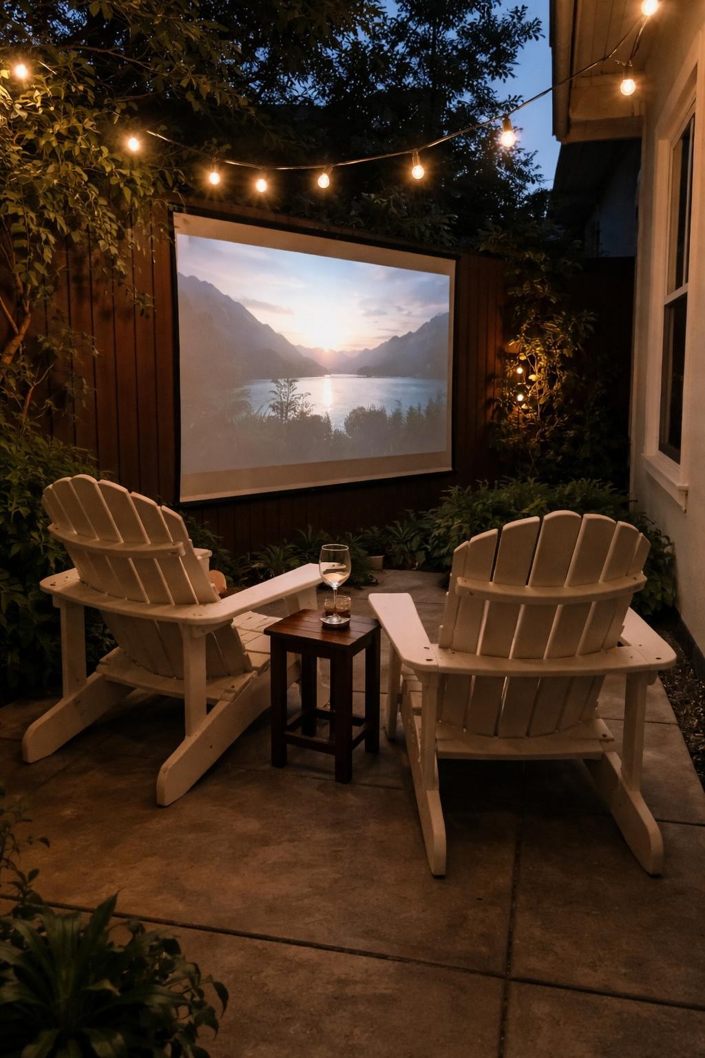 Photo of a small patio with two Adirondack chairs facing a movie screen on a wall, corner angle view at night, soft screen glow, containing a glass of wine on the side table, iPhone photo quality.