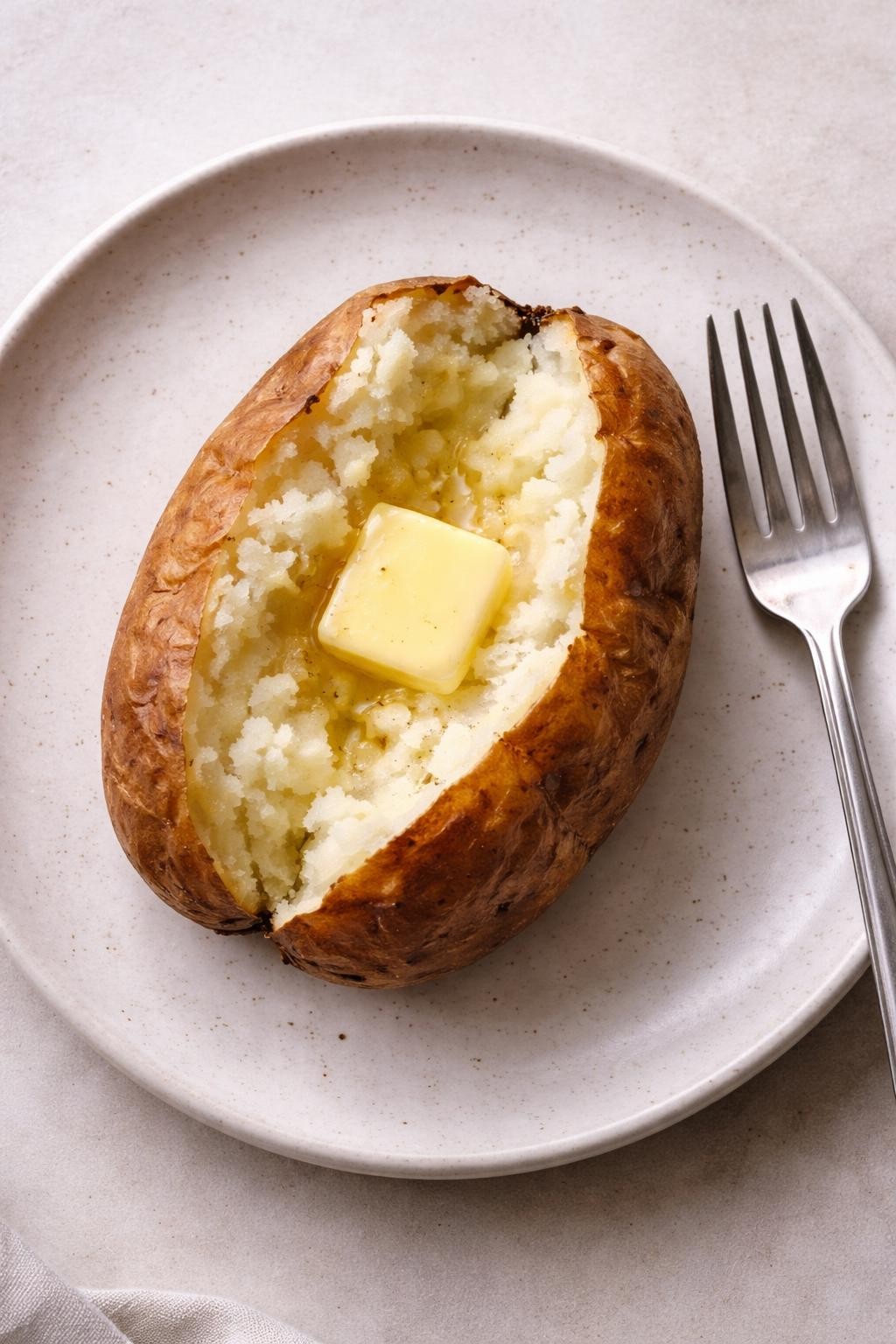 "Overhead realistic shot of a baked potato split open on a plate, showing a fluffy white interior with a pat of butter melting inside. No toppings visible. A fork resting next to it. Soft natural light, simple and filling single-serving meal, no people, no hands, no text, no watermarks."