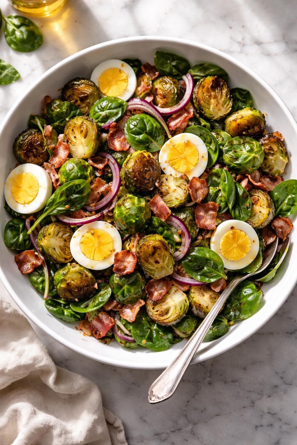 Image Prompt: Realistic top-down editorial food photography of a roasted Brussels sprout salad with warm bacon dressing in a white serving bowl on a marble countertop, roasted Brussels sprouts with spinach, red onion, bacon pieces, and hard-boiled egg slices, glossy warm bacon dressing coating the salad lightly, bright natural light, soft shadows, realistic food texture, cozy homemade mood, no people, no hands, no text, no watermarks, no props with writing.