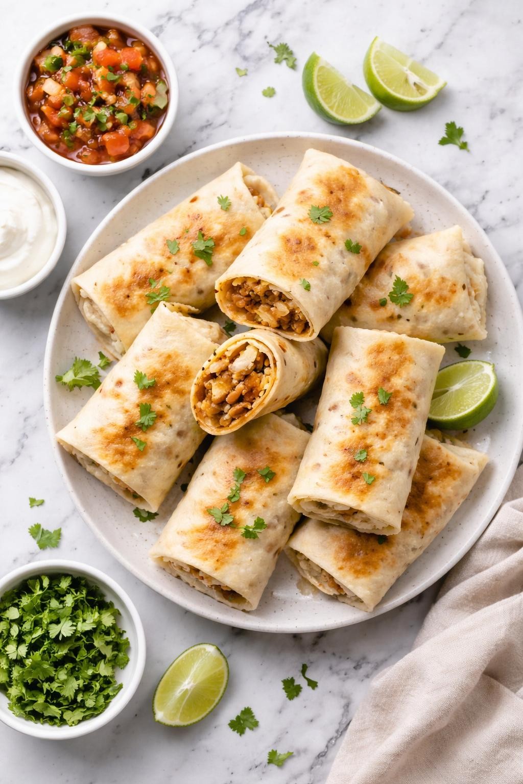 An overheard picture view of a plate of Bean and Cheese Burritos sitting on a marble countertop table in the kitchen, professional food photography style.