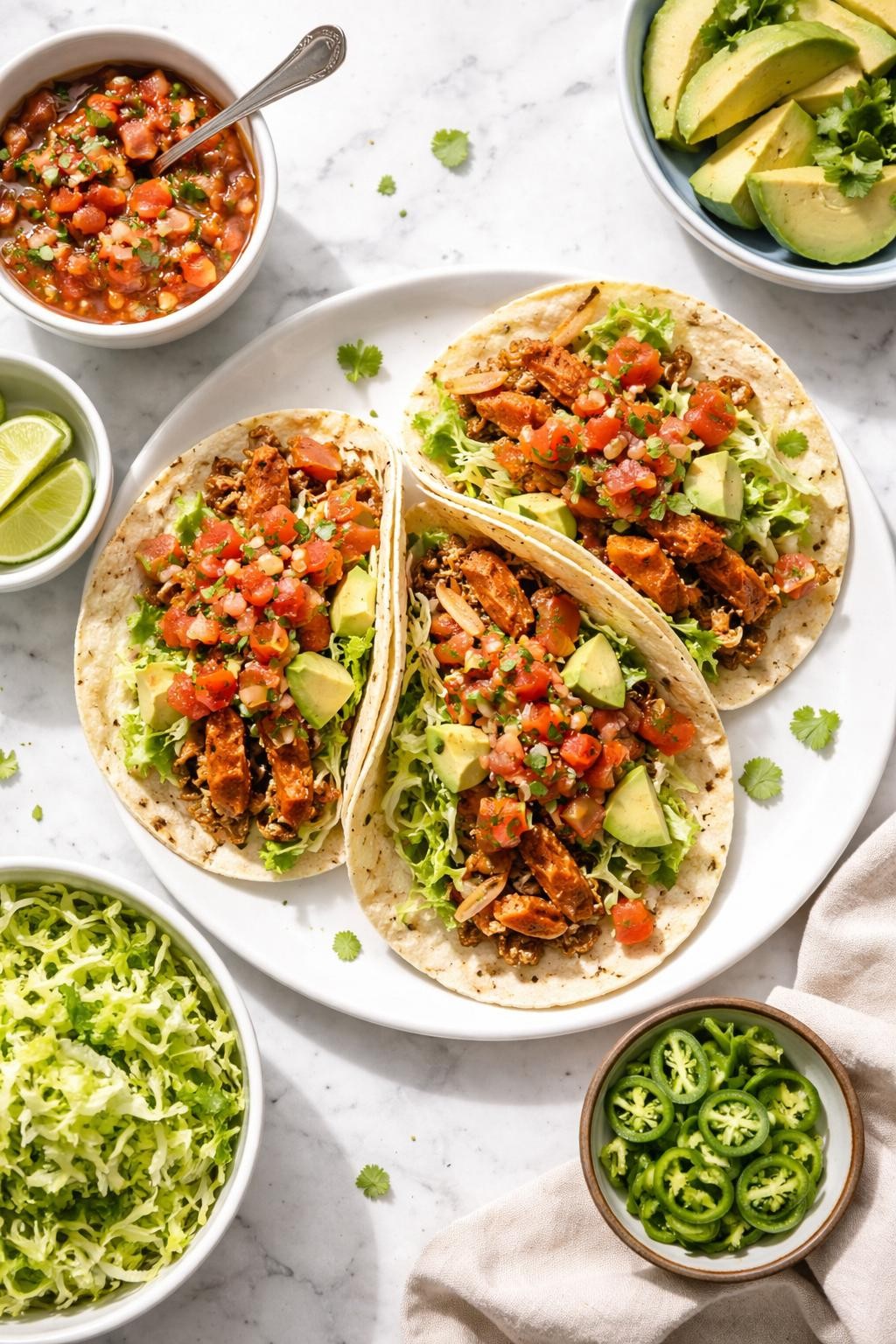 Image Prompt: Realistic top-down editorial food photography of soy curl tacos on a white marble countertop, soft tortillas filled with seasoned soy curls, shredded lettuce, diced tomatoes, avocado, and salsa, easy homemade vegan taco night styling, bright natural daylight, soft shadows, clean editorial composition, high detail, realistic texture, no people, no hands, no text, no watermarks, no props with writing.