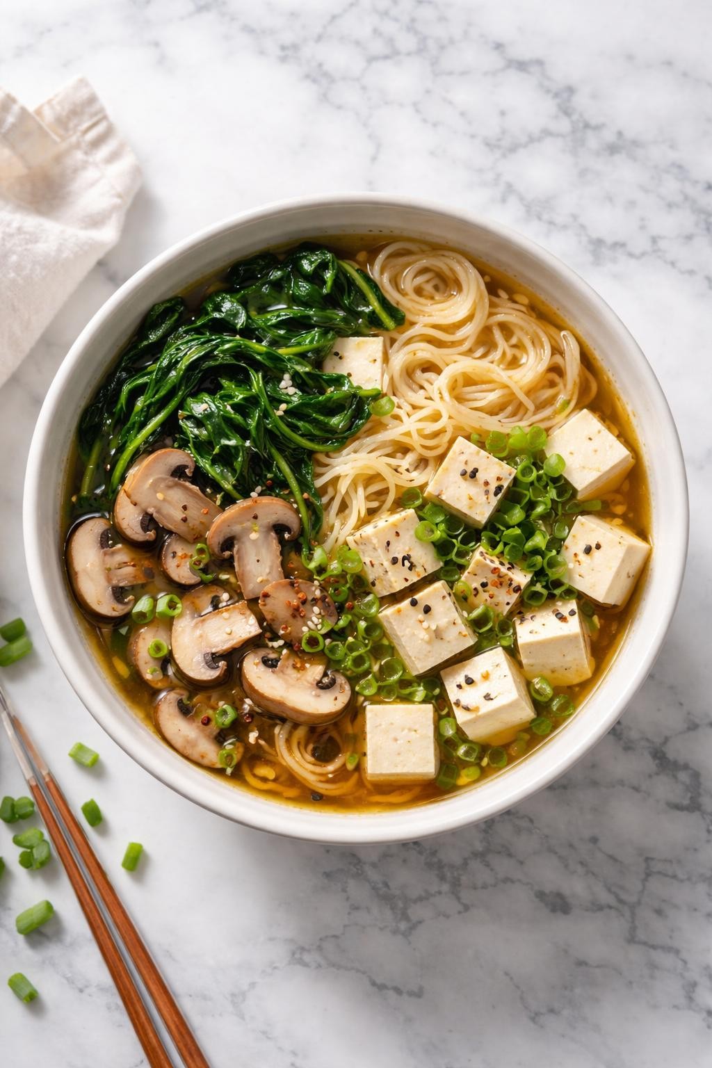 Image Prompt: Realistic top-down editorial food photography of a bowl of spinach and tofu vegan ramen on a clean white and gray marble countertop, filled with ramen noodles, clear savory broth, soft tofu cubes, wilted spinach, mushrooms, green onions, and sesame seeds, cozy homemade soup mood, bright natural window lighting, soft shadows, clean composition, high detail, realistic food texture, no people, no hands, no text, no watermarks, no props with writing.