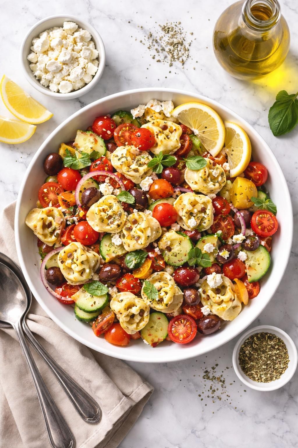 An overheard picture view of a plate of Tortellini Mediterranean Pasta Salad sitting on a marble countertop table in the kitchen, professional food photography style.