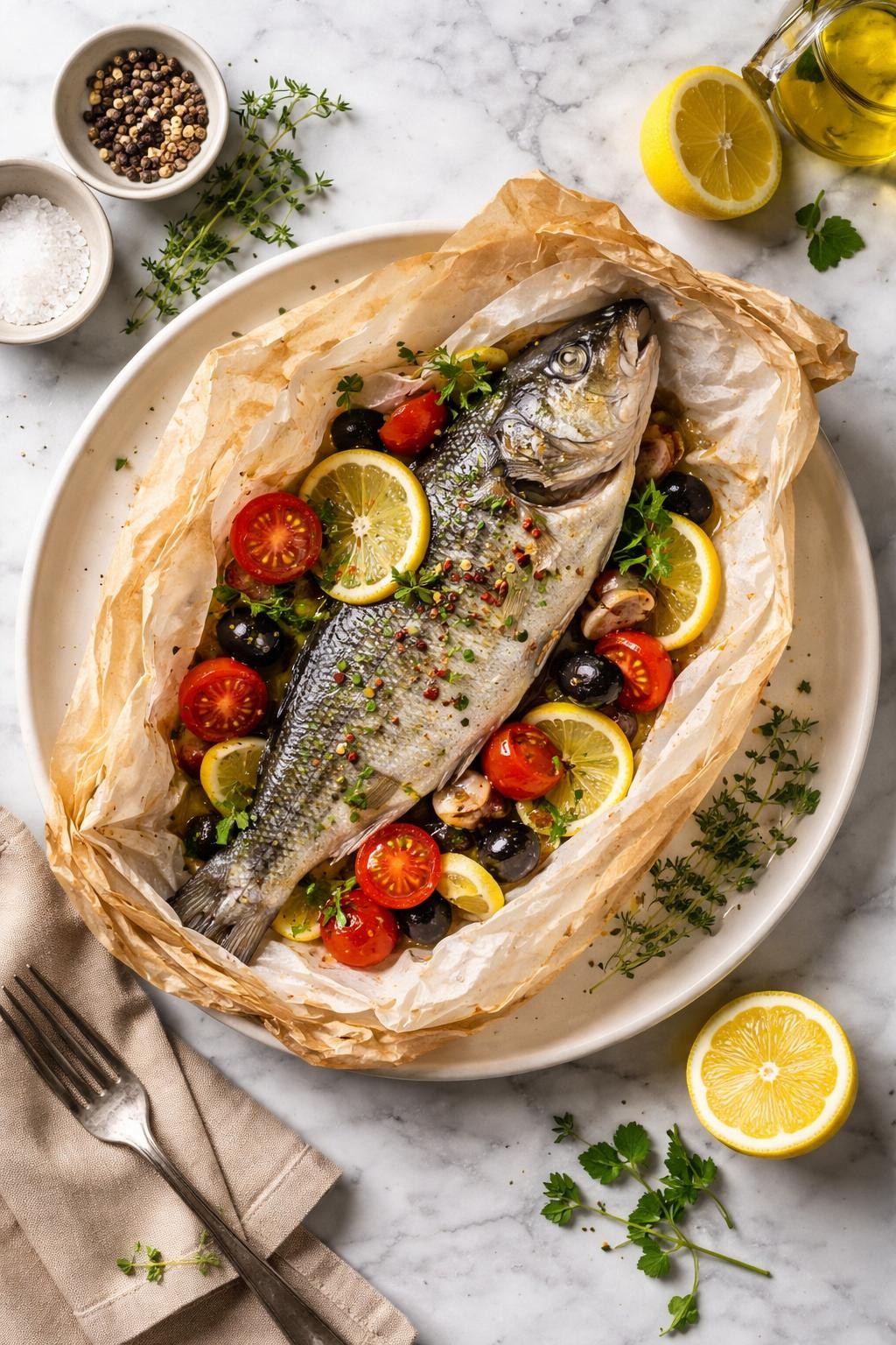 An overheard picture view of a plate of Sea Bass in Parchment (Spigola al Cartoccio) sitting on a marble countertop table in the kitchen, professional food photography style.