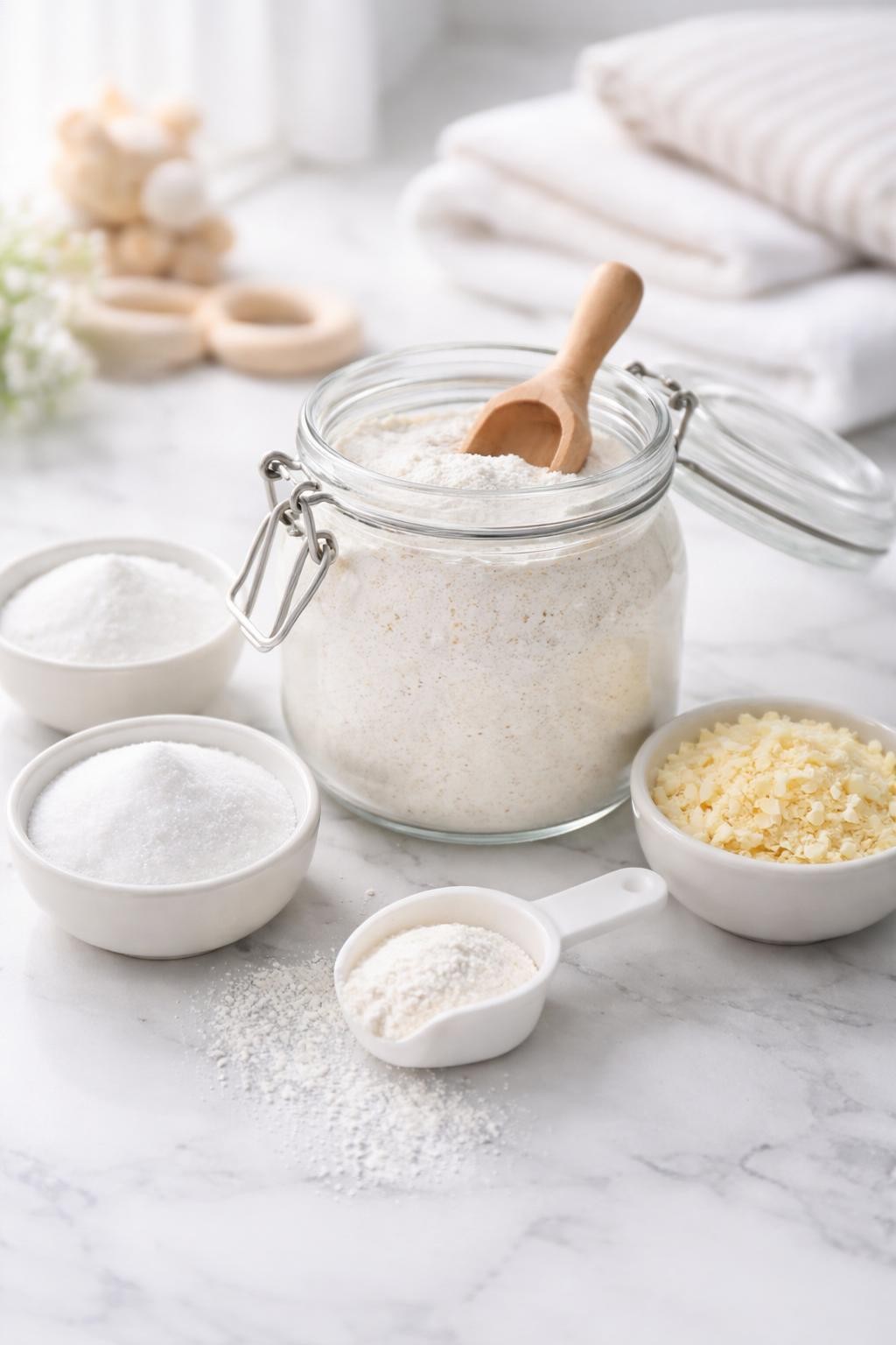 A realistic close-up photo of a small glass jar filled with gentle homemade laundry detergent powder for baby clothes on a clean white marble countertop table. Small bowls of baking soda, washing soda, finely grated mild laundry soap, and a baby scoop are placed neatly around the jar. Bright natural light, crisp detail, realistic texture, clean minimal setup, strong focus on the soft powder detergent and gentle styling, no people, no text, (no watermarks on images)