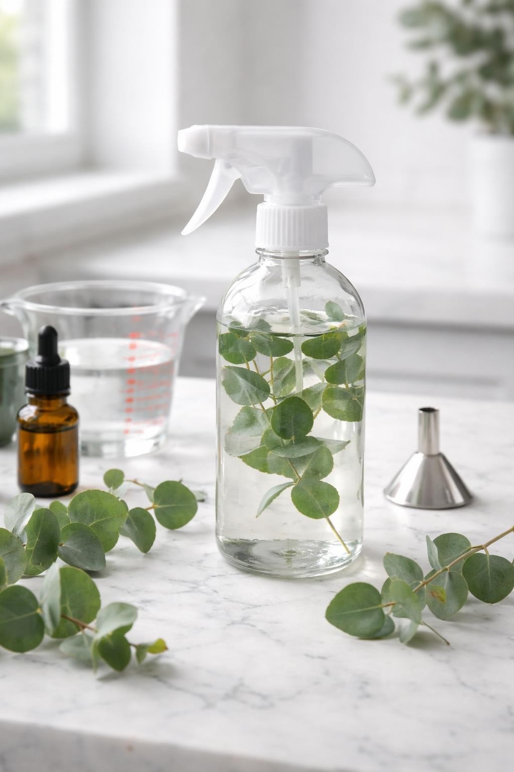 A realistic close-up photo of a clear spray bottle filled with eucalyptus homemade air freshener on a clean white marble countertop table. Eucalyptus leaves, a small amber bottle of eucalyptus essential oil, a measuring cup, and a tiny funnel are placed neatly around the bottle. Bright natural light, crisp detail, realistic texture, clean minimal setup, strong focus on the spray bottle and eucalyptus styling, no people, no text, (no watermarks on images)