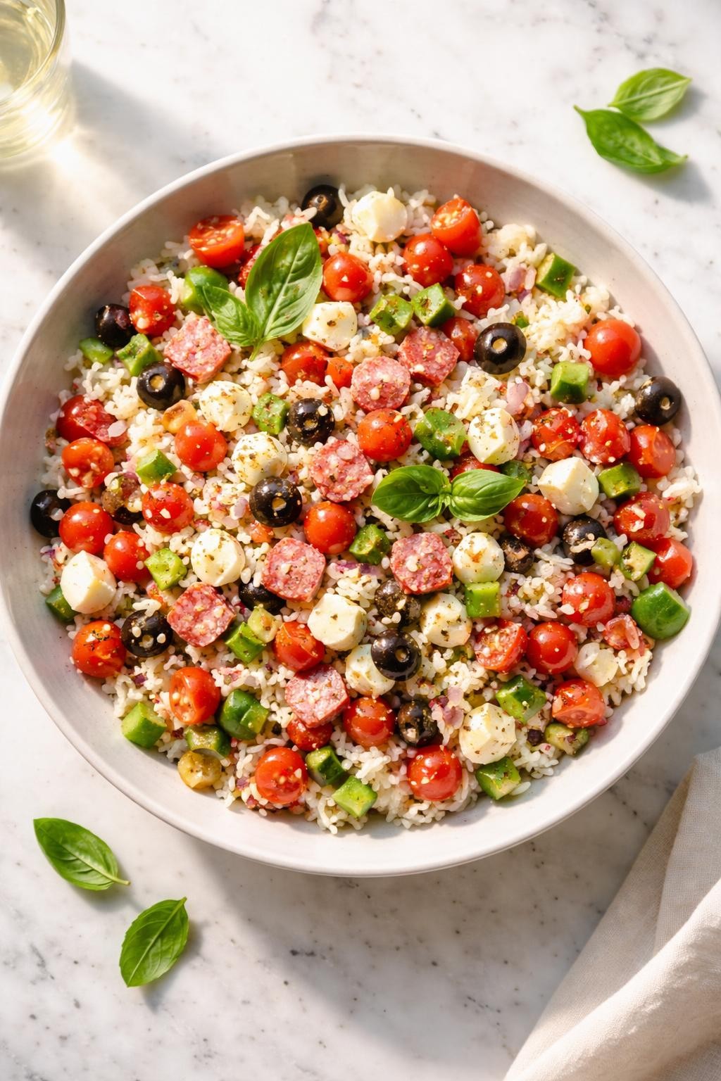 Image Prompt: Realistic top-down editorial food photography of an Italian rice salad in a wide neutral bowl on a marble countertop, fluffy rice mixed with chopped salami, mozzarella cubes, cherry tomatoes, olives, red bell pepper, and light Italian dressing, bright natural daylight, soft shadows, clean editorial food styling, realistic textures, no people, no hands, no text, no watermarks, no props with writing.