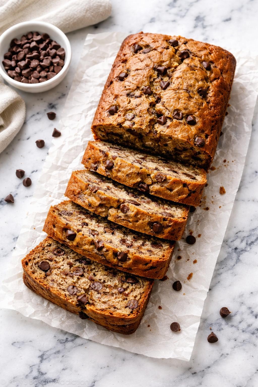Image Prompt: Realistic top-down editorial food photography of vegan banana chocolate chip bread sliced on a white and gray marble countertop, moist banana bread with melted chocolate chips throughout, a few chocolate chips scattered nearby, cozy homemade dessert mood, bright natural window light, no people, no hands, no text, no watermarks, no props with writing.