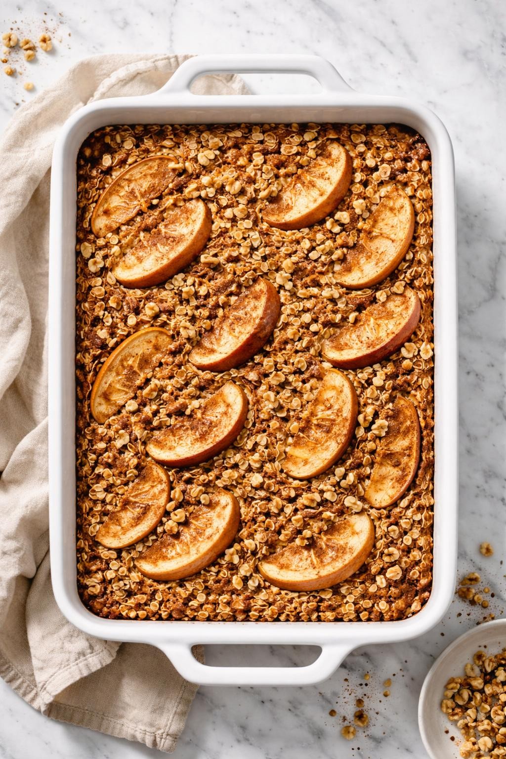 Image Prompt: Top-down realistic editorial food photography of baked oatmeal with apples in a white baking dish on a clean white and gray marble countertop, golden oat bake with soft apple slices, cinnamon, and chopped walnuts, cozy homemade whole food vegan breakfast styling, bright natural light, soft shadows, high detail, no people, no hands, no text, no watermarks, no props with writing.