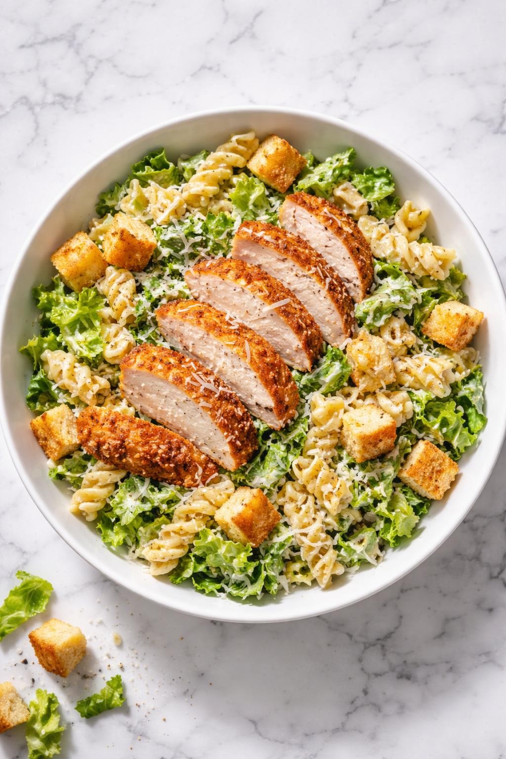 Image Prompt: Realistic top-down editorial food photography of Caesar pasta salad with crispy chicken in a simple white bowl on a white marble countertop, pasta salad with rotini, chopped romaine, sliced crispy breaded chicken, creamy Caesar dressing, parmesan, and croutons, hearty homemade meal styling, bright natural daylight, soft shadows, no people, no hands, no text, no watermarks, no props with writing.