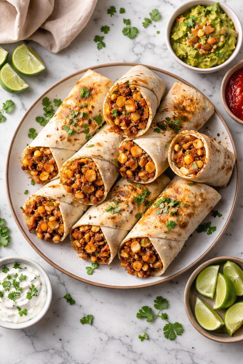 An overheard picture view of a plate of Burritos with Chorizo and Potatoes sitting on a marble countertop table in the kitchen, professional food photography style.