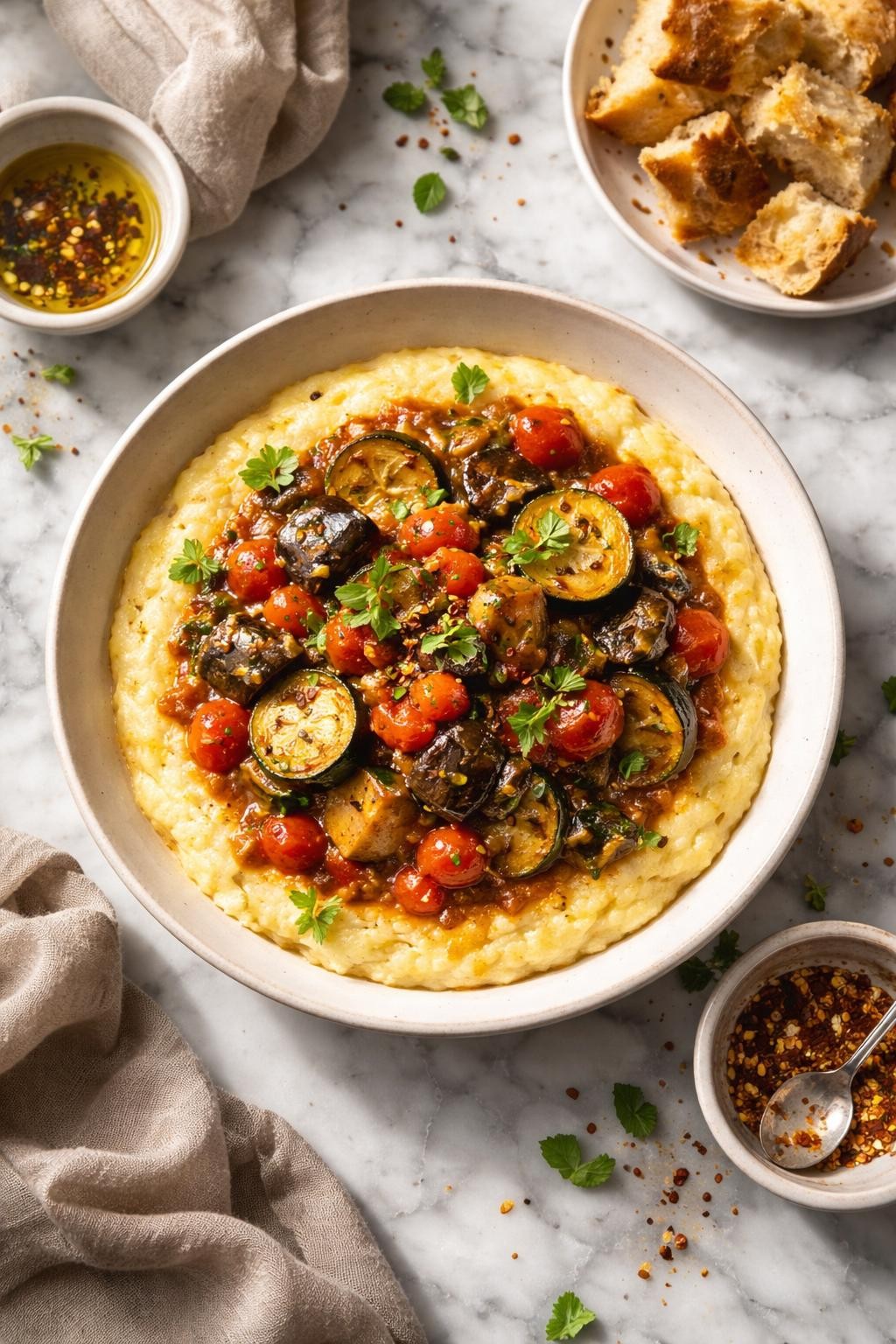 Image Prompt: Realistic top-down editorial food photography of vegan polenta with ratatouille-style vegetables on a white and gray marble countertop, creamy polenta topped with zucchini, eggplant, tomatoes, peppers, and herbs in a rich vegetable sauce, warm natural daylight, cozy homemade meal mood, no people, no hands, no text, no watermarks, no props with writing.