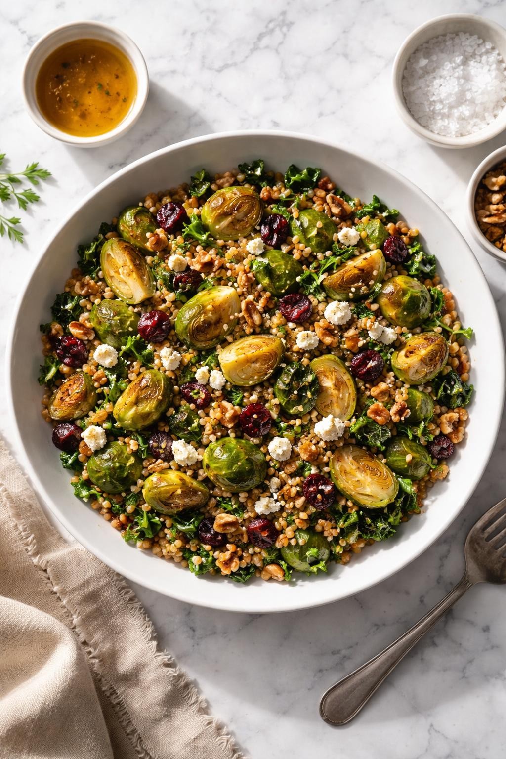 Image Prompt: Realistic top-down editorial food photography of a roasted Brussels sprout and farro salad in a wide white bowl on a marble countertop, nutty farro mixed with roasted Brussels sprouts, chopped kale, cranberries, walnuts, and crumbled goat cheese, warm vinaigrette over the top, bright natural light, soft shadows, realistic textures, no people, no hands, no text, no watermarks, no props with writing.