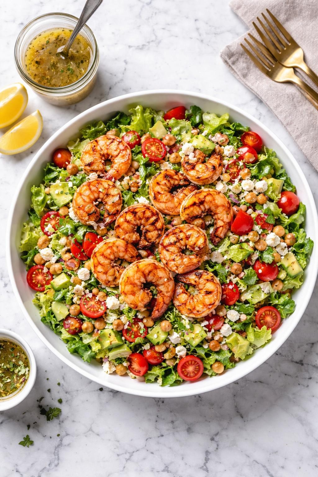 An overheard picture view of a plate of Chopped Salad with Grilled Shrimp and Lemon Oregano Dressing sitting on a marble countertop table in the kitchen, professional food photography style.