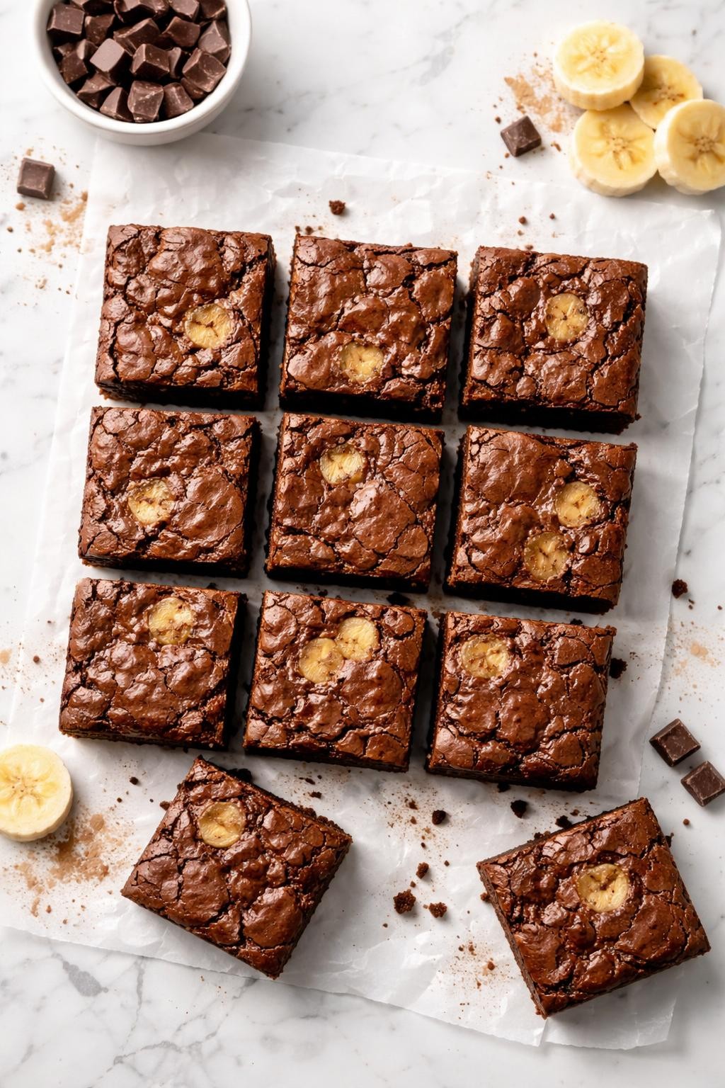 Image Prompt: Realistic top-down editorial food photography of vegan banana brownies cut into neat squares on a white marble countertop, rich chocolate brownies with banana mixed into the batter, fudgy center and slightly crackly top, bright natural daylight, clean editorial dessert styling, no people, no hands, no text, no watermarks, no props with writing.