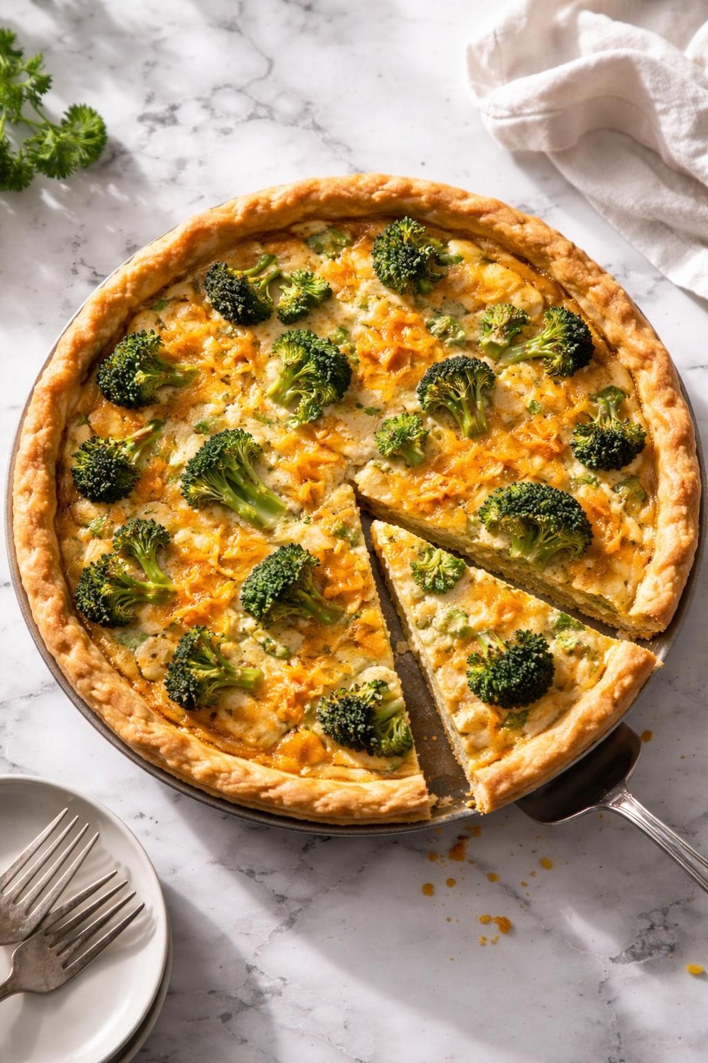 Image Prompt: Top-down realistic editorial food photography of a homemade vegan broccoli quiche on a clean white and gray marble countertop, golden pie crust filled with creamy tofu-based filling, tender broccoli florets, and melted vegan cheddar-style cheese, one slice lifted out to show the savory brunch texture, warm homemade brunch mood, bright natural window lighting, soft shadows, high detail, no people, no hands, no text, no watermarks, no props with writing.