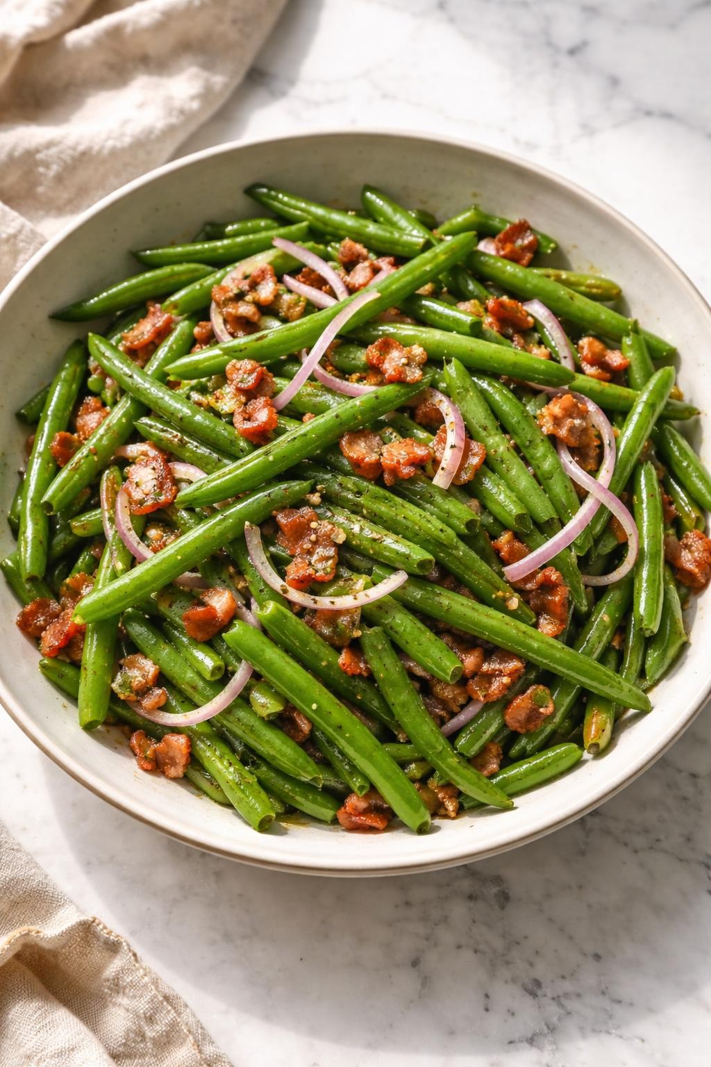 Image Prompt: Realistic top-down editorial food photography of a cold green bean salad with bacon in a wide neutral bowl on a white marble countertop, chilled green beans mixed with crispy bacon pieces, thin red onion, and tangy vinaigrette, bright natural window lighting, soft shadows, cozy homemade side dish styling, high detail, realistic food texture, no people, no hands, no text, no watermarks, no props with writing.