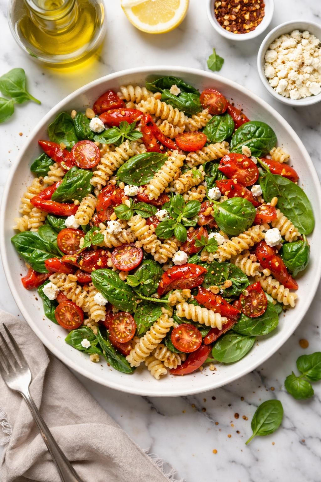 An overheard picture view of a plate of Roasted Red Pepper and Spinach Pasta Salad sitting on a marble countertop table in the kitchen, professional food photography style.