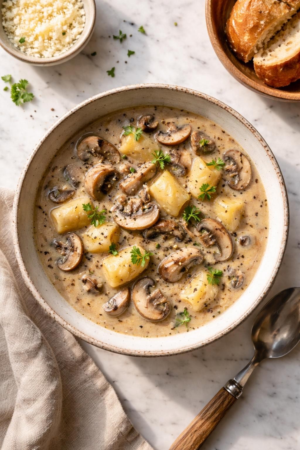 Image Prompt: Realistic top-down editorial food photography of gnocchi mushroom soup in a rustic bowl on a white marble countertop, creamy light brown soup with sliced mushrooms, soft gnocchi, herbs, and black pepper, cozy homemade dinner styling, bright natural light, soft shadows, no people, no hands, no text, no watermarks, no props with writing.