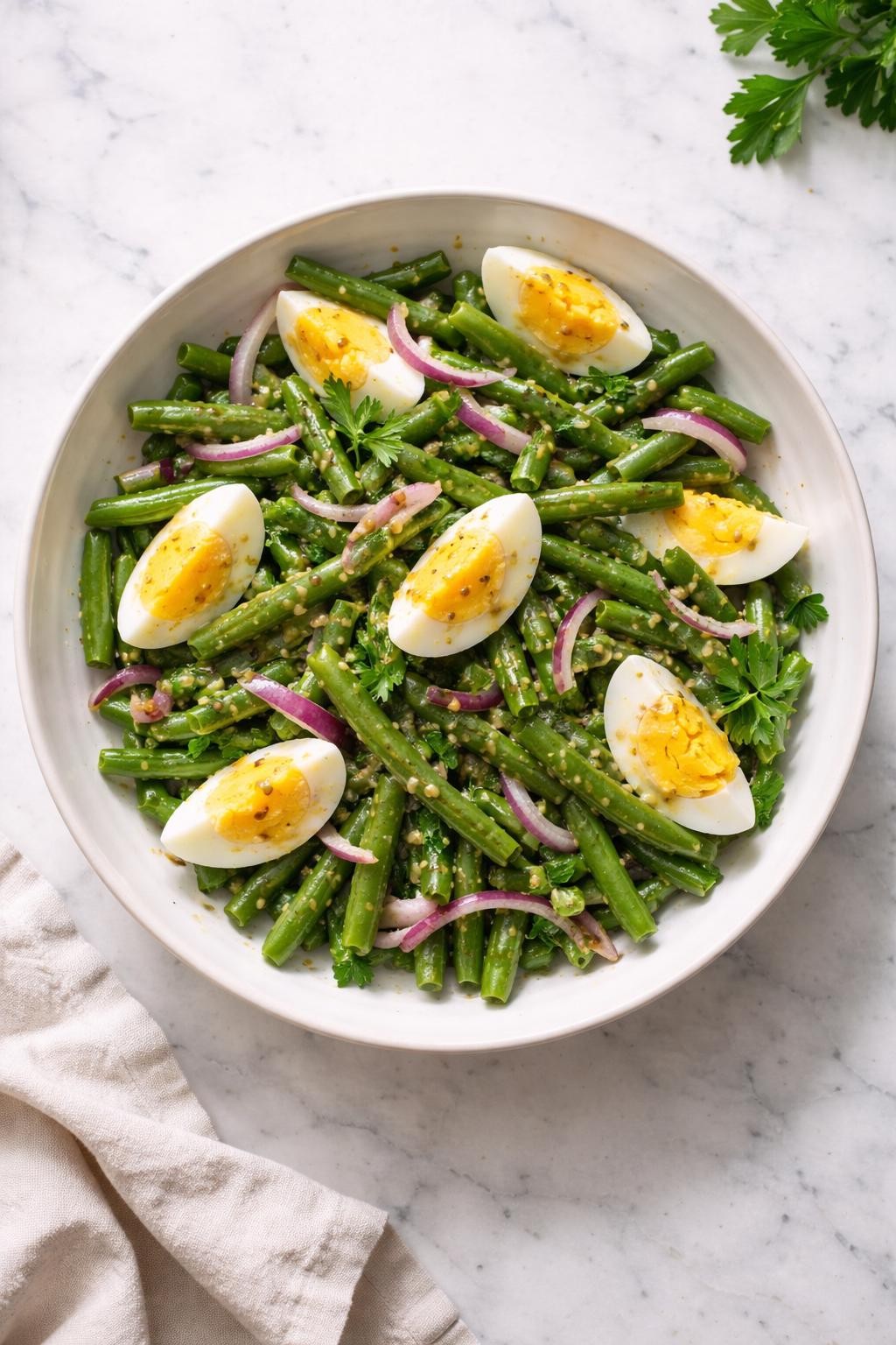 Image Prompt: Realistic top-down editorial food photography of a cold green bean salad with hard-boiled eggs in a shallow white bowl on a clean marble countertop, chilled green beans with sliced eggs, red onion, parsley, and light mustard dressing, bright natural window light, soft shadows, clean homemade styling, high detail, realistic food texture, no people, no hands, no text, no watermarks, no props with writing.