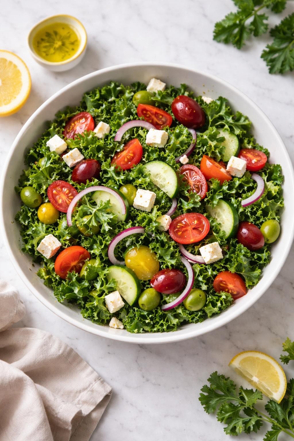 Image Prompt: Realistic top-down editorial food photography of a healthy Mediterranean kale salad in a white bowl on a clean marble countertop, chopped kale with cucumber, tomatoes, olives, red onion, and feta, lemon olive oil dressing, bright natural daylight, clean fresh lunch styling, no people, no hands, no text, no watermarks, no props with writing.