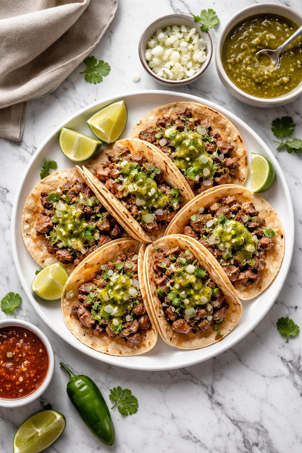 An overheard picture view of a plate of Tacos de Bistec   sitting on a marble countertop table in the kitchen, professional food photography style.
