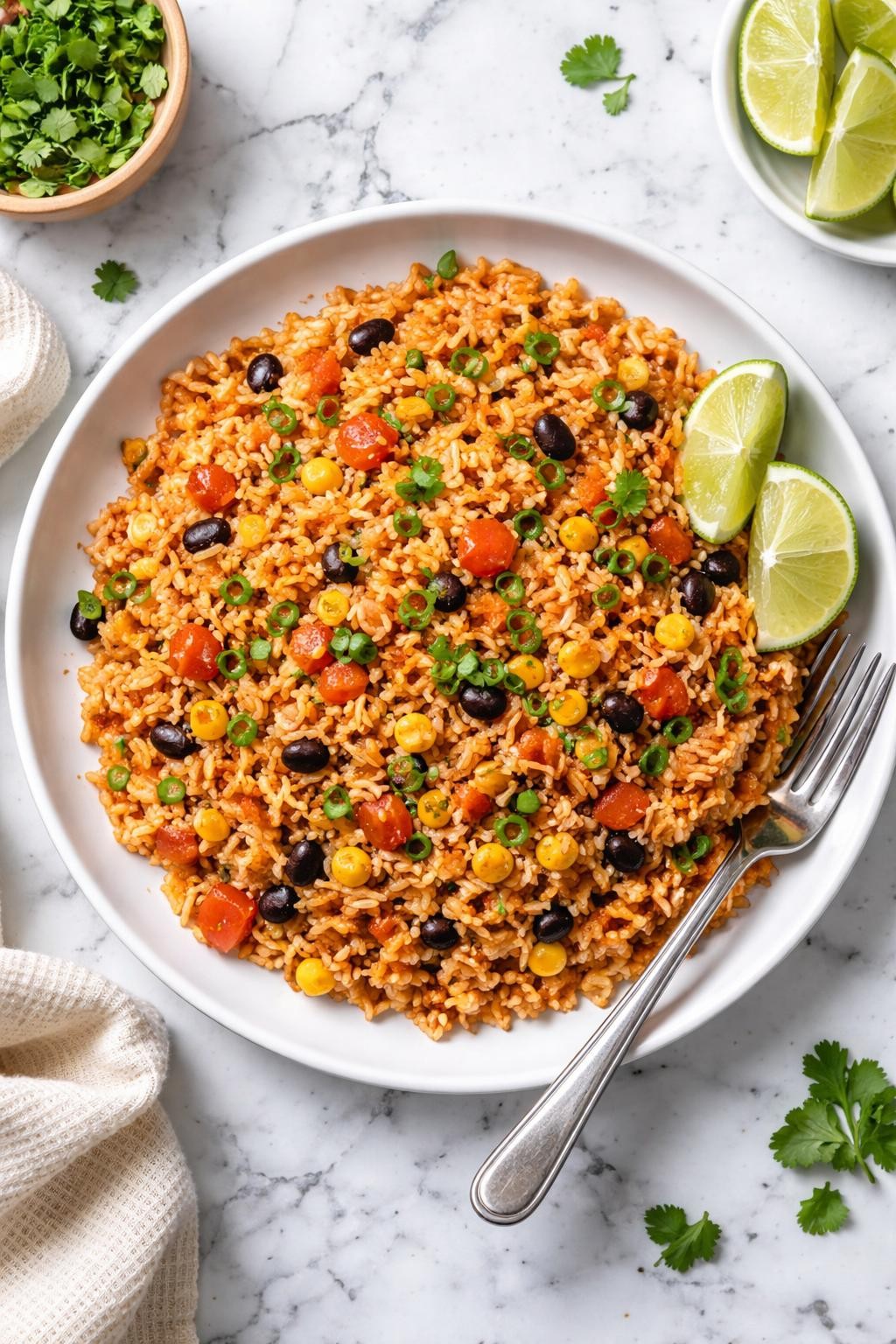 An overheard picture view of a plate of Instant Pot Mexican Rice sitting on a marble countertop table in the kitchen, professional food photography style.