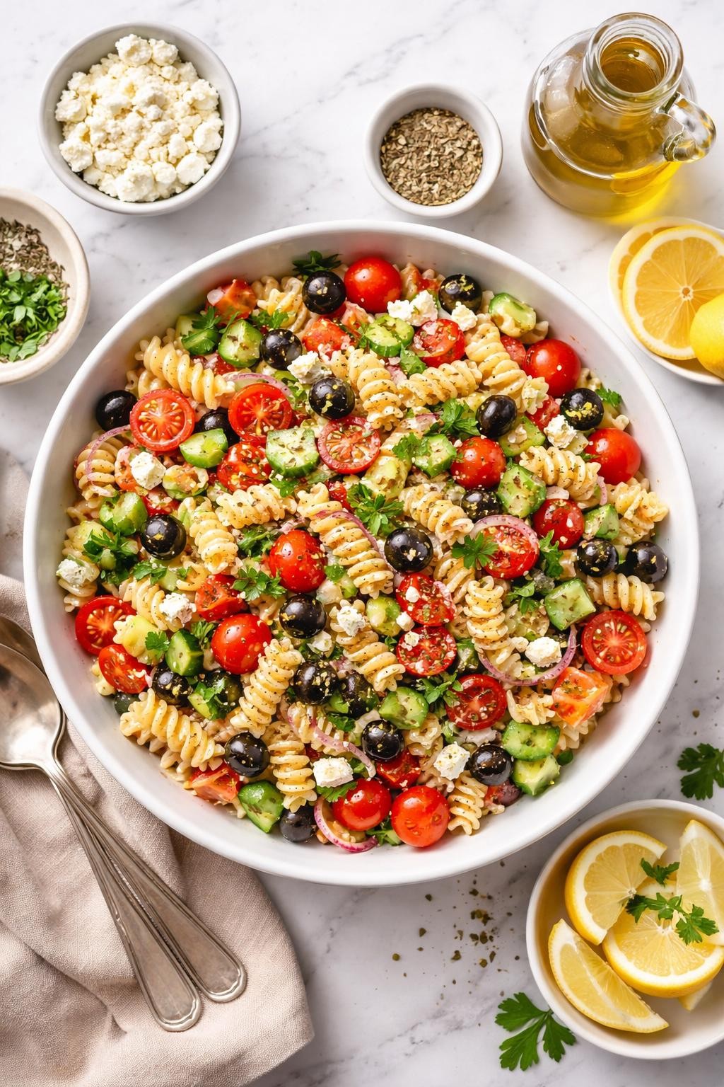 An overheard picture view of a plate of Quick 20-Minute Mediterranean Pasta Salad sitting on a marble countertop table in the kitchen, professional food photography style.