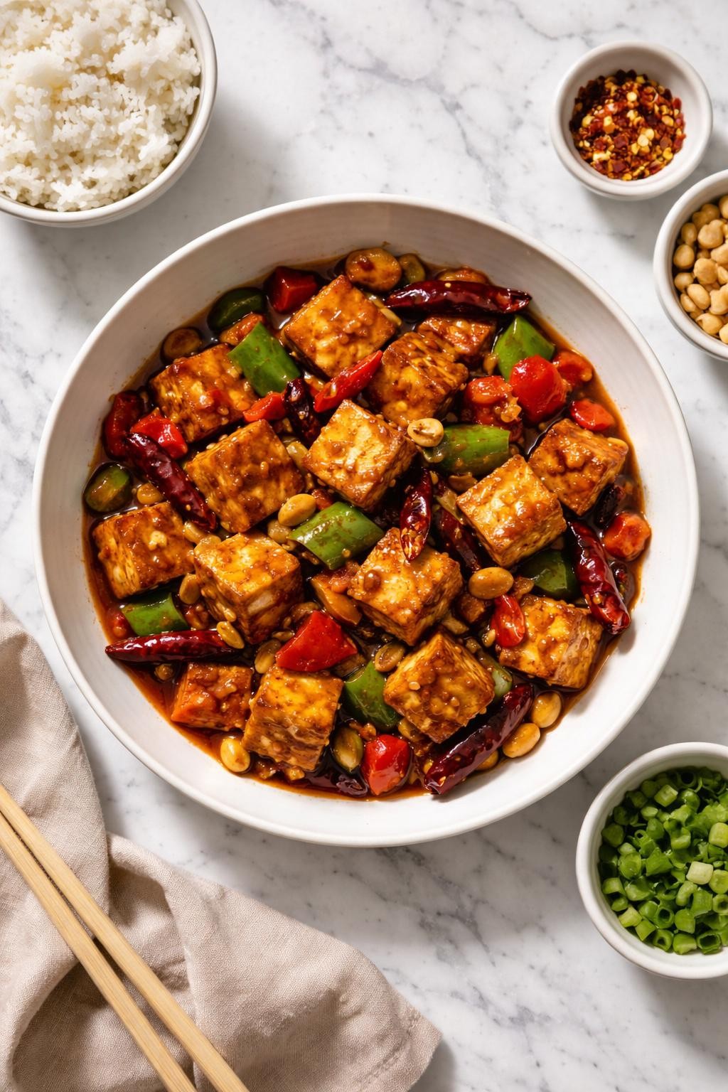 Image Prompt: Top-down realistic editorial food photography of vegan kung pao tofu on a clean white and gray marble countertop, golden tofu cubes stir-fried with peanuts, bell peppers, and dried chilies in a glossy dark sauce, homemade dinner styling, bright natural light, soft shadows, high detail, no people, no hands, no text, no watermarks, no props with writing.