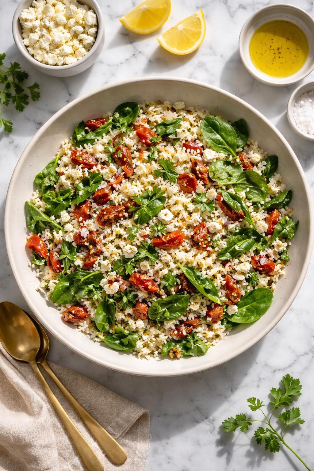 Image Prompt: Realistic top-down editorial food photography of a rice salad with spinach and sun-dried tomatoes in a wide neutral bowl on a marble countertop, fluffy rice mixed with baby spinach, chopped sun-dried tomatoes, feta cheese, and light lemon dressing, bright natural window light, soft shadows, high detail, realistic textures, clean editorial food styling, no people, no hands, no text, no watermarks, no props with writing.