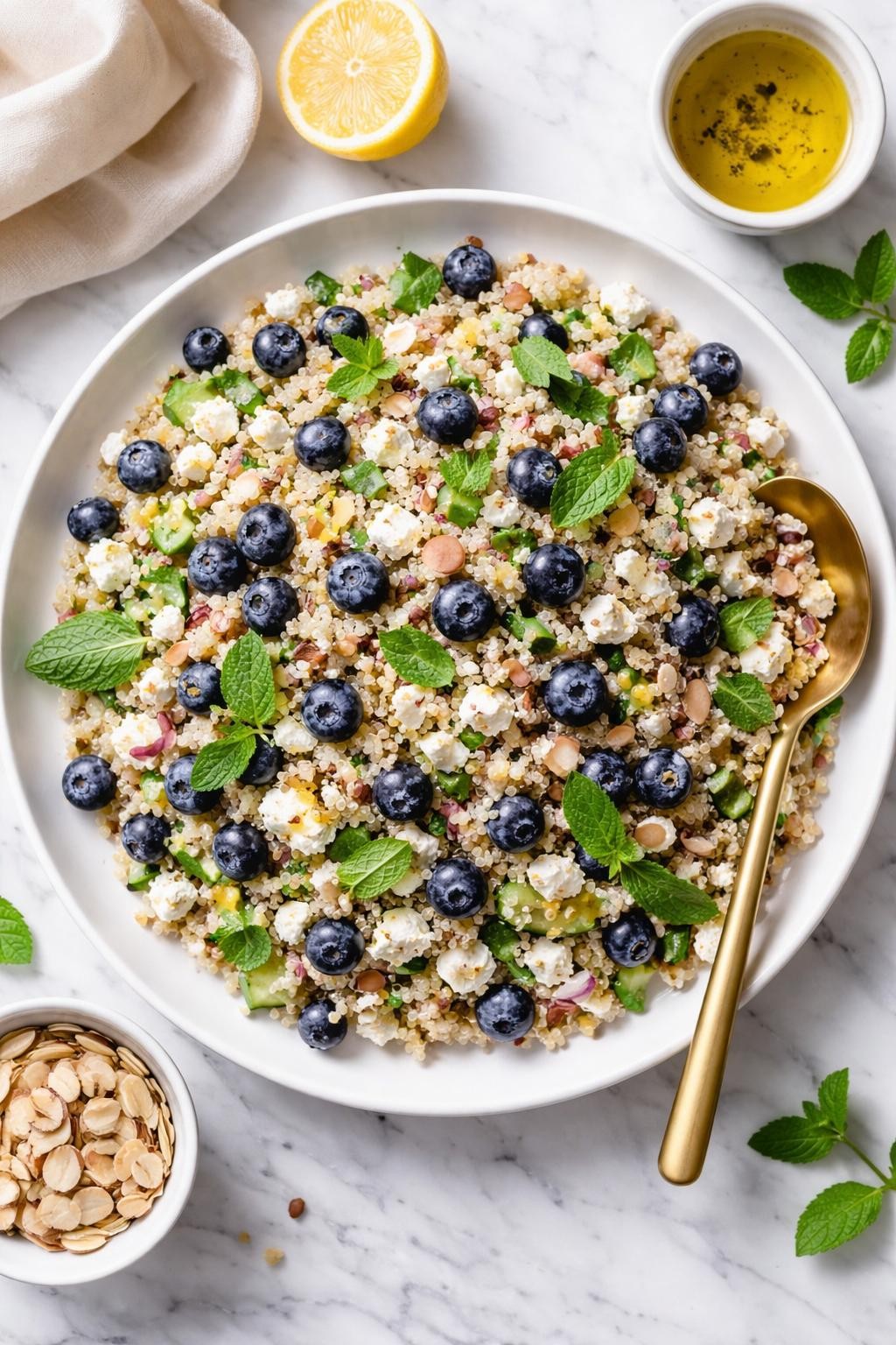 An overheard picture view of a plate of Blueberry Quinoa Salad with Feta and Mint sitting on a marble countertop table in the kitchen, professional food photography style.