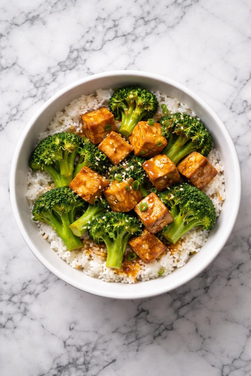 Image Prompt: Realistic top-down editorial food photography of a vegan broccoli and tofu bowl in a white bowl on a white and gray marble countertop, crispy tofu cubes with tender broccoli and rice, glossy savory sauce, simple homemade dinner mood, bright natural daylight, no people, no hands, no text, no watermarks, no props with writing.