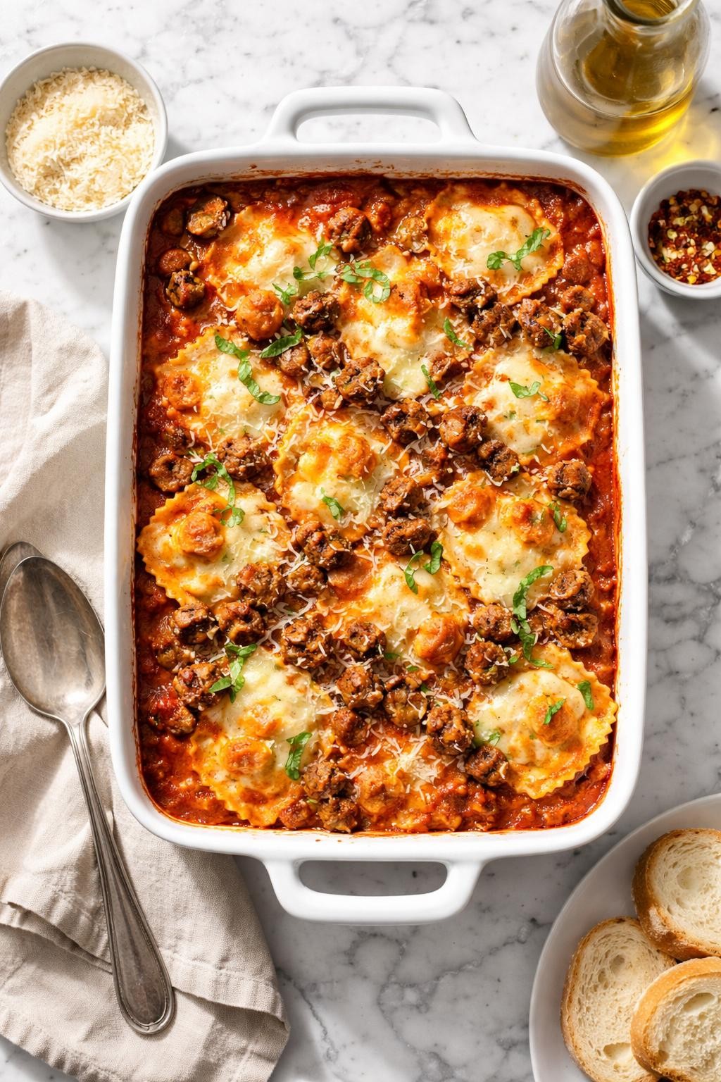 Image Prompt: Realistic top-down editorial food photography of sweet Italian sausage ravioli bake in a casserole dish on a clean white and gray marble countertop, cheese ravioli baked with sweet Italian sausage, marinara sauce, mozzarella, and parmesan, bright natural daylight, soft shadows, cozy cheesy dinner styling, high detail, realistic food texture, no people, no hands, no text, no watermarks, no props with writing.