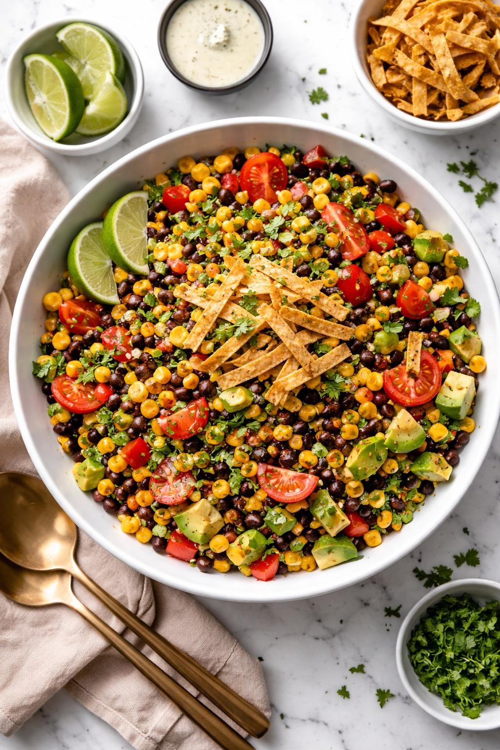 An overheard picture view of a plate of Black Bean and Corn Southwest Salad sitting on a marble countertop table in the kitchen, professional food photography style.
