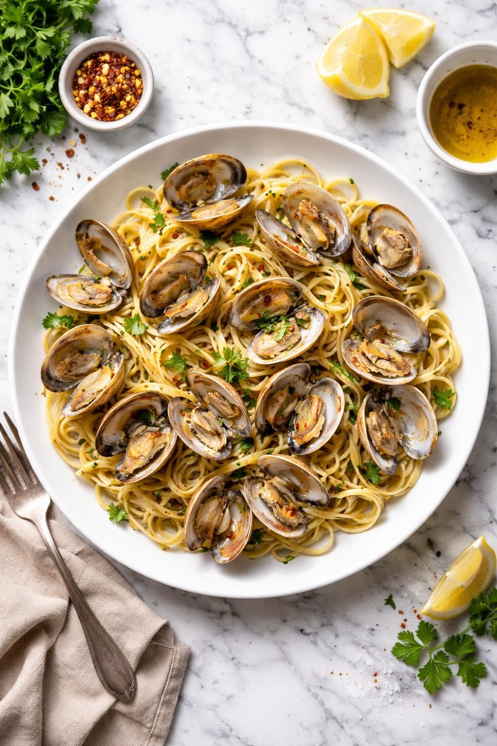 An overheard picture view of a plate of Linguine with Clams (Linguine alle Vongole) sitting on a marble countertop table in the kitchen, professional food photography style.