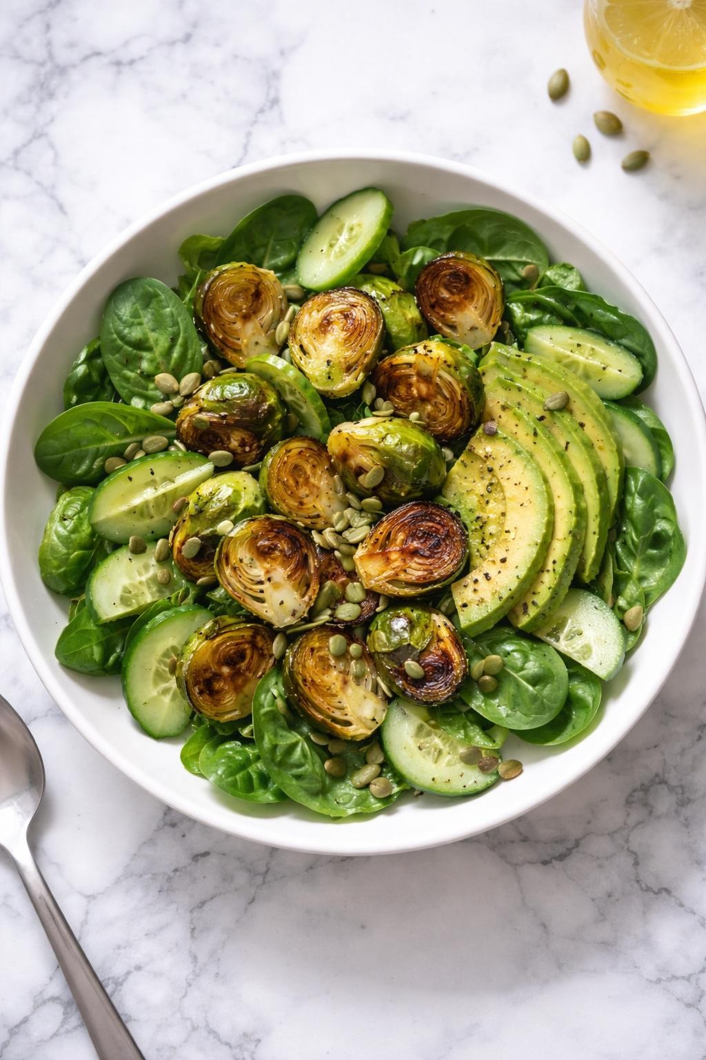 Image Prompt: Realistic top-down editorial food photography of a roasted Brussels sprout salad in a shallow white bowl on a clean white and gray marble countertop, roasted Brussels sprouts with sliced avocado, spinach, cucumber, pumpkin seeds, and lemon vinaigrette, bright natural window lighting, soft shadows, clean composition, high detail, realistic food texture, no people, no hands, no text, no watermarks, no props with writing.