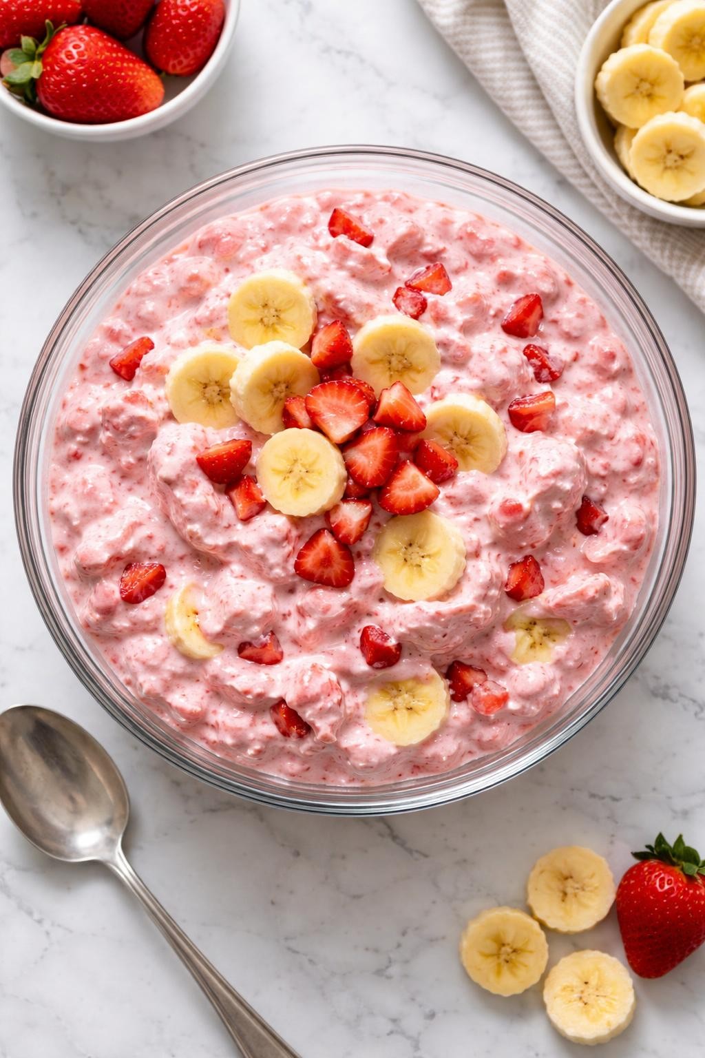 Image Prompt: Realistic top-down editorial food photography of strawberry banana Jello salad in a clear glass bowl on a marble countertop, pink creamy gelatin salad with banana slices and strawberry pieces folded through, chilled potluck dessert style, bright natural light, soft shadows, clean composition, high detail, realistic food texture, no people, no hands, no text, no watermarks, no props with writing.