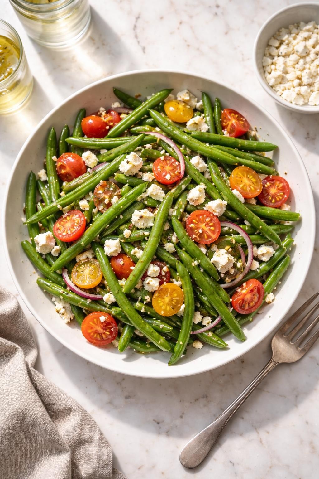 Image Prompt: Realistic top-down editorial food photography of a cold green bean salad with feta and tomatoes in a shallow white bowl on a light marble countertop, crisp green beans tossed with cherry tomatoes, crumbled feta cheese, red onion, and light vinaigrette, bright natural daylight, soft shadows, clean editorial food styling, high detail, realistic textures, no people, no hands, no text, no watermarks, no props with writing.