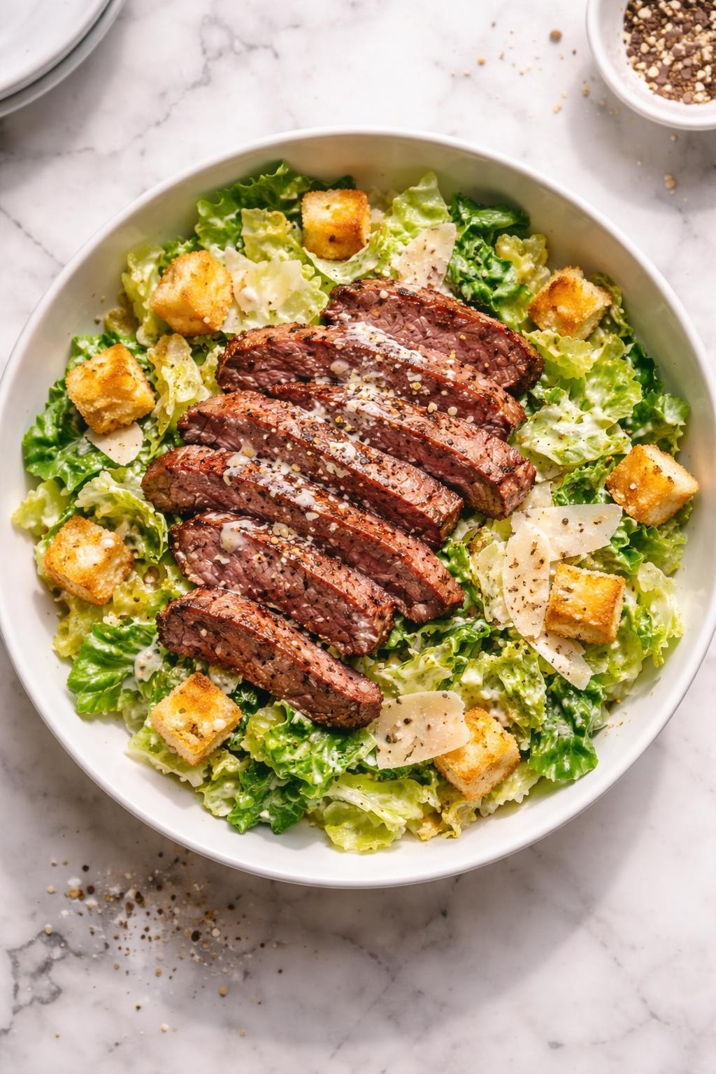 Image Prompt: Realistic top-down editorial food photography of a steak Caesar salad on a clean light marble countertop, sliced grilled steak placed over chopped romaine lettuce with shaved parmesan, golden croutons, and creamy Caesar dressing, simple white bowl, black pepper and parmesan scattered on top, bright natural window lighting, soft shadows, clean homemade dinner styling, high detail, realistic food textures, no people, no hands, no text, no watermarks, no props with writing.