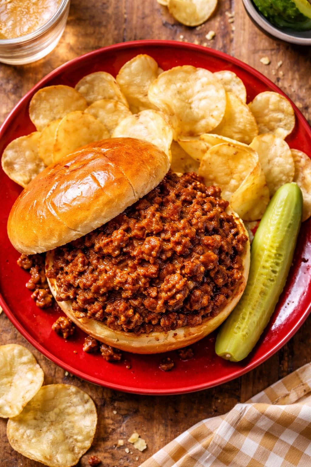 "Realistic top-down food photography of a Sloppy Joe sandwich on a red plate. The sandwich is piled high with sweet and tangy ground beef mixture on a toasted bun. A side of potato chips and a dill pickle spear. Bright casual lighting, messy and fun family favorite, no people, no hands, no text, no watermarks."