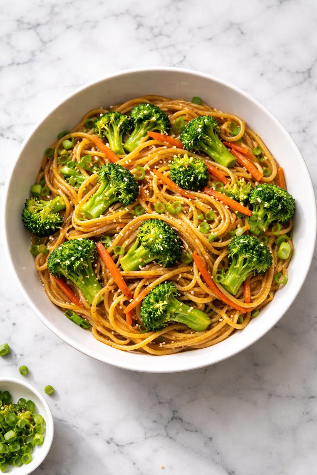 Image Prompt: Realistic top-down editorial food photography of a vegan broccoli noodle stir-fry in a white bowl on a clean marble countertop, noodles tossed with broccoli, carrots, and glossy sauce, easy homemade dinner mood, bright natural daylight, no people, no hands, no text, no watermarks, no props with writing.