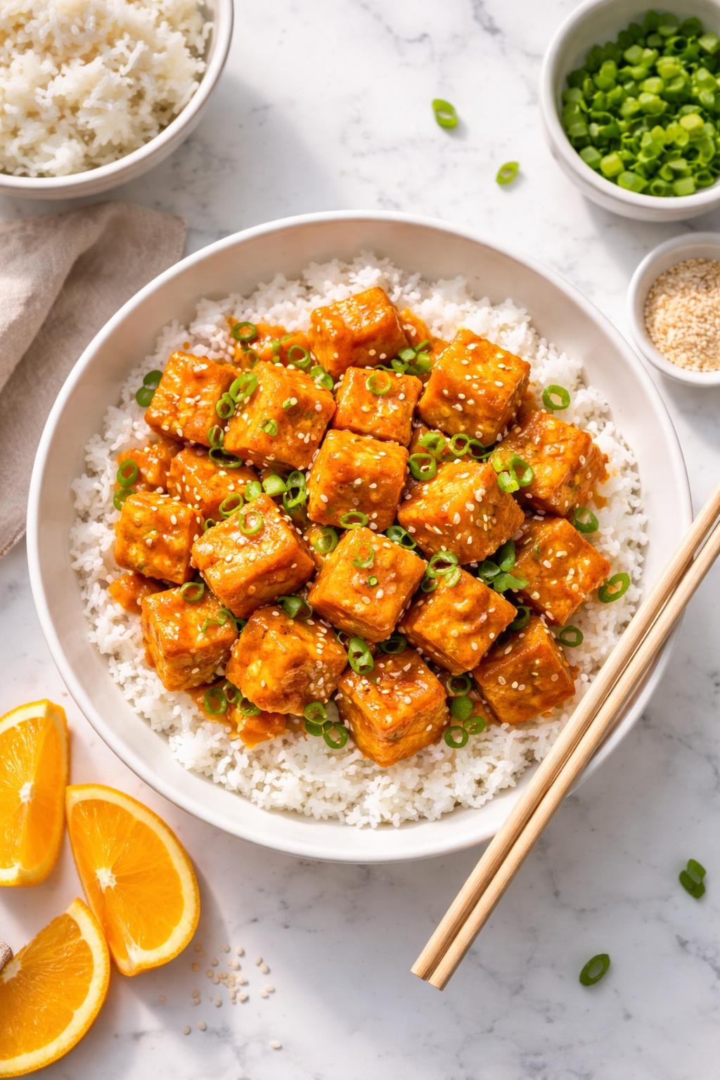 Image Prompt: Top-down realistic food photography of vegan orange tofu on a bright white marble countertop, crisp tofu cubes coated in a glossy orange sauce with sesame seeds and green onions, served as a homemade Chinese-inspired dinner, bright natural daylight, clean editorial styling, high detail, no people, no hands, no text, no watermarks, no props with writing.