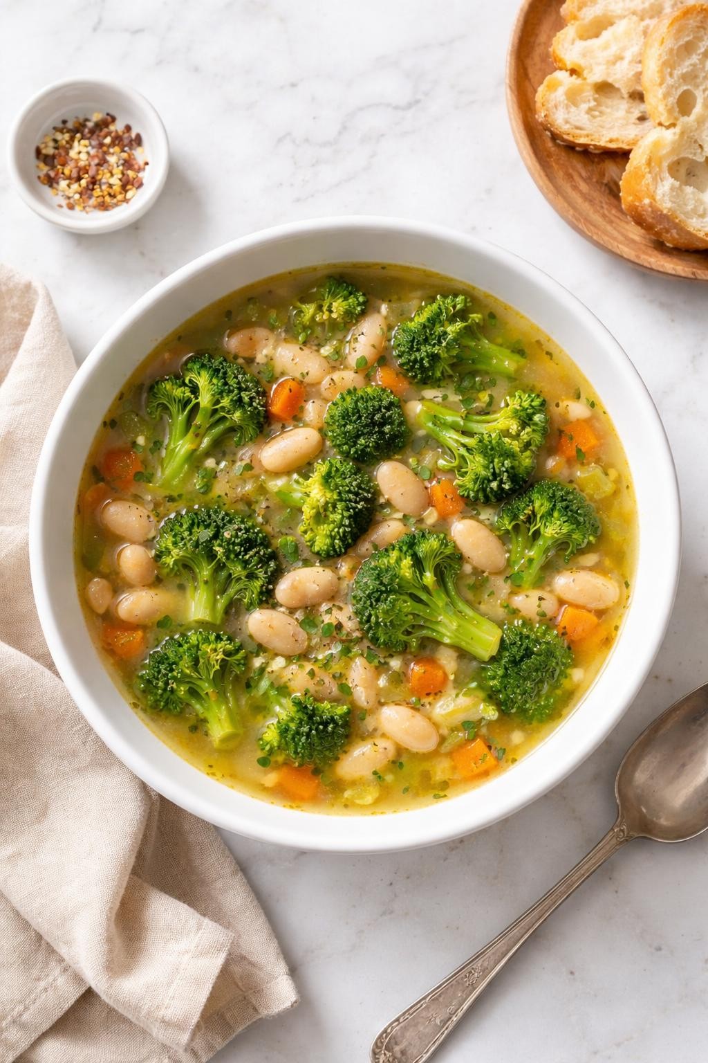 Image Prompt: Realistic top-down editorial food photography of vegan broccoli and white bean soup in a white bowl on a white marble countertop, light broth with tender broccoli and white beans, cozy simple lunch styling, bright natural daylight, no people, no hands, no text, no watermarks, no props with writing.