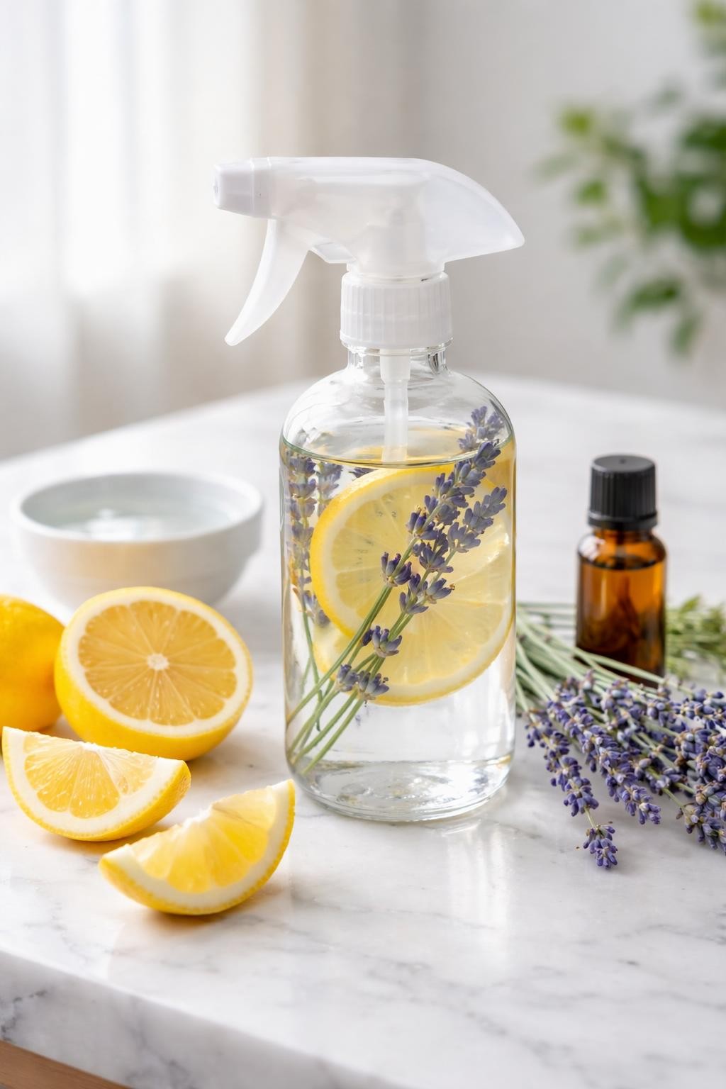 A realistic close-up photo of a clear spray bottle filled with lemon lavender homemade air freshener on a clean white marble countertop table. Fresh lemon slices, lavender sprigs, a small bowl of distilled water, and a small bottle of essential oil are placed neatly around the bottle. Bright natural light, crisp detail, realistic texture, clean minimal setup, strong focus on the spray bottle and fresh ingredients, no people, no text, (no watermarks on images)