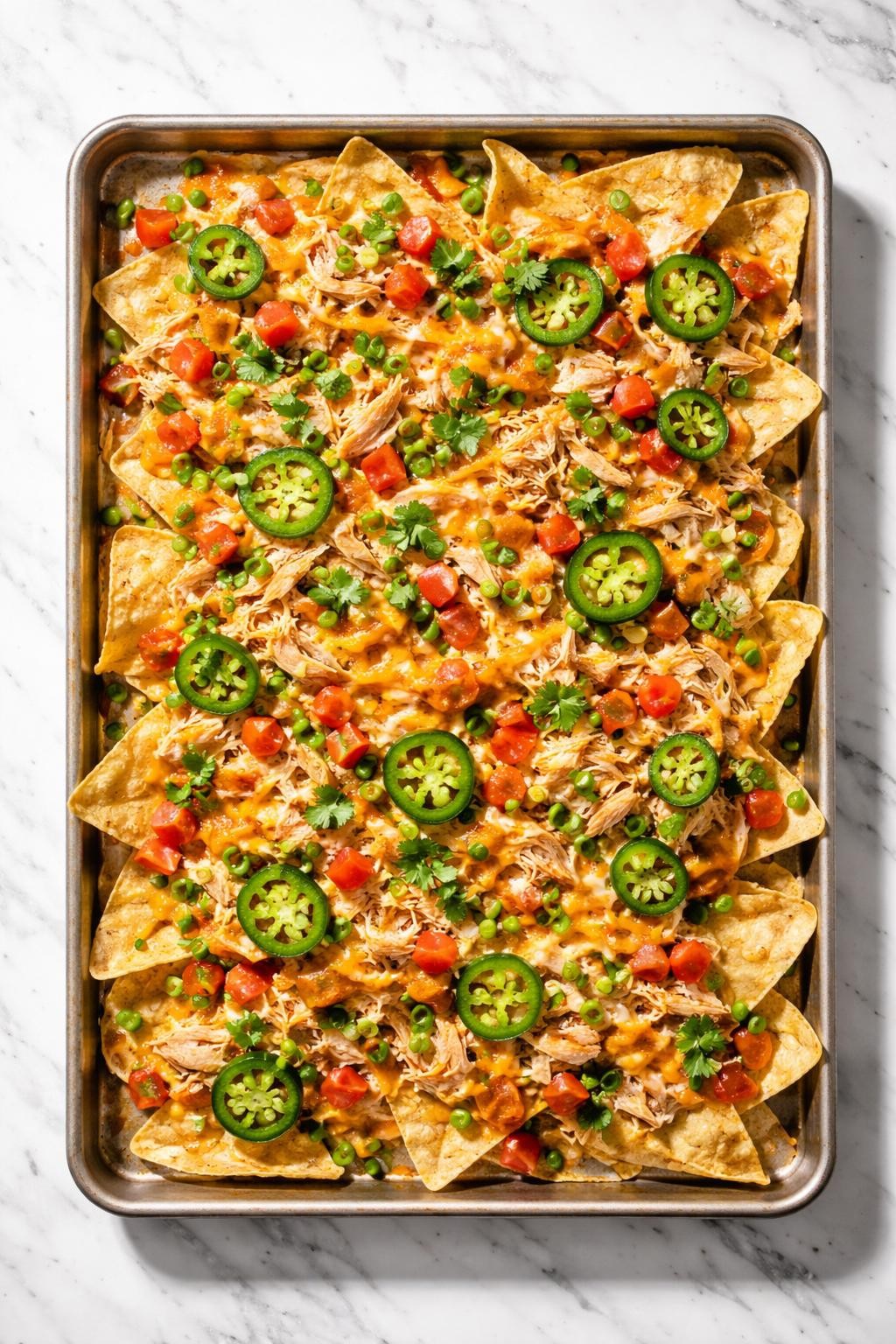 Prompt: Top-down realistic editorial food photography of rotisserie chicken nachos on a sheet pan over a clean white marble countertop, tortilla chips topped with shredded chicken, melted cheese, jalapenos, diced tomatoes, and green onions, colorful homemade snack dinner mood, bright natural window lighting, soft shadows, clean composition, high detail, realistic food texture, no people, no hands, no text, no watermarks, no props with writing.