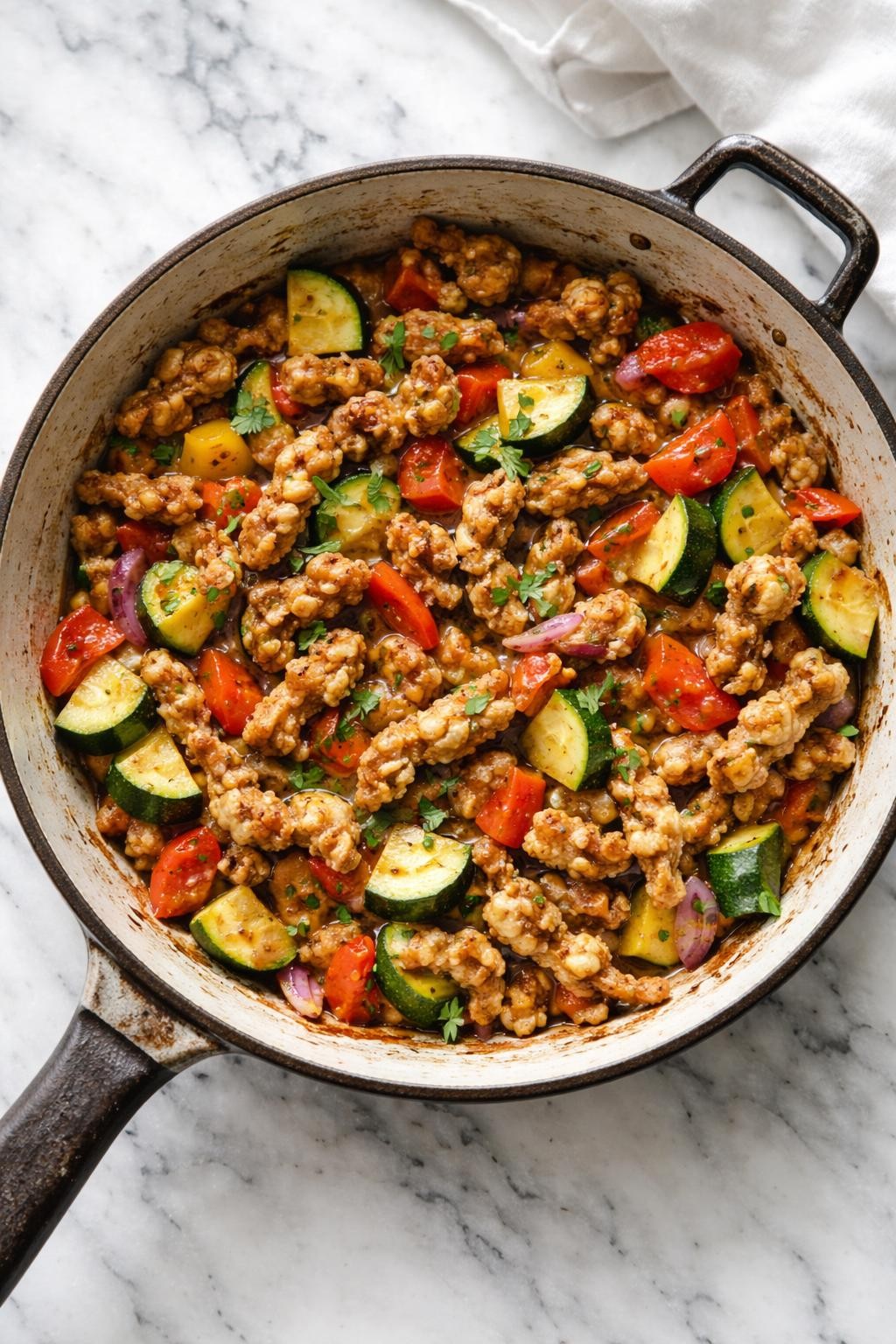 Image Prompt: Realistic top-down editorial food photography of a simple soy curl and veggie skillet on a clean white and gray marble countertop, browned soy curls cooked with zucchini, peppers, onions, and herbs in a rustic skillet, easy homemade vegan dinner styling, bright natural window lighting, soft shadows, clean composition, high detail, realistic food texture, no people, no hands, no text, no watermarks, no props with writing.