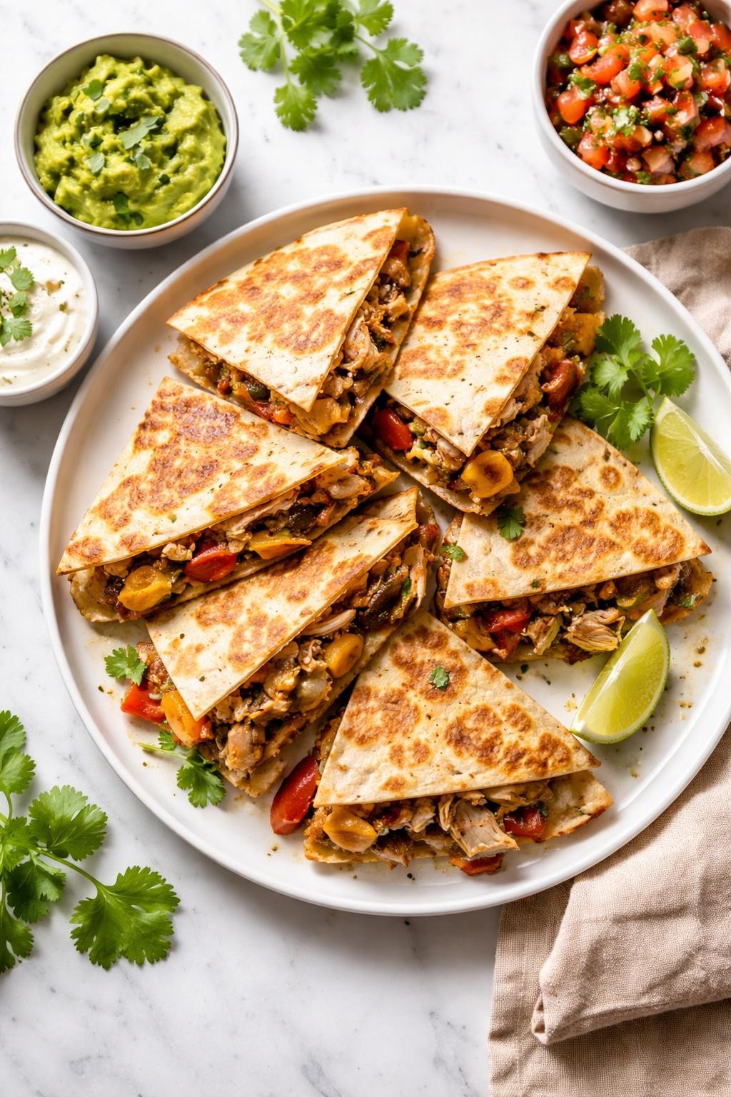 Image Prompt: Realistic top-down editorial food photography of Mexican chicken thigh quesadillas on a white plate over a clean marble countertop, golden toasted tortillas filled with shredded chicken thighs, cheese, and sautéed peppers, cut into wedges, cozy homemade lunch styling, bright natural daylight, no people, no hands, no text, no watermarks, no props with writing.