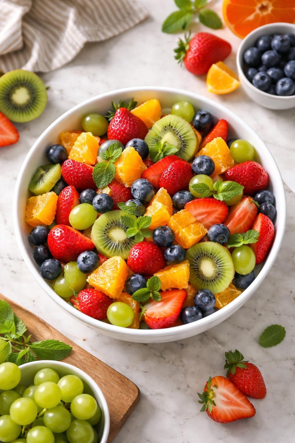 "Realistic top-down food photography of a large white bowl filled with mixed cut fruit on a kitchen island. The fruit includes strawberries, blueberries, kiwi slices, orange segments, and green grapes. A small handful of mint leaves scattered on top. Bright natural light, fresh and colorful snack prep for kids, no people, no hands, no text, no watermarks."